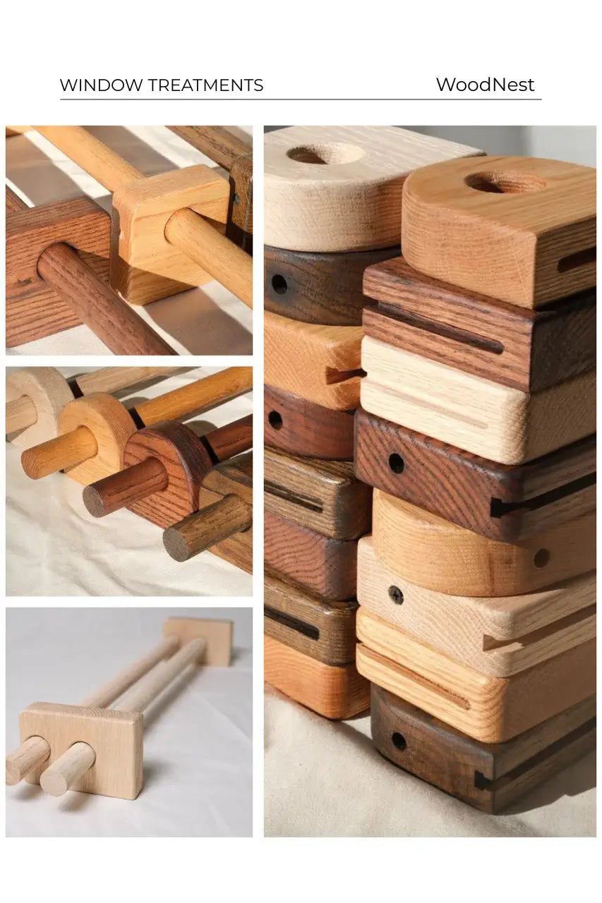 Collage of handcrafted solid oak and walnut curtain rods, brackets, and window hardware in modern and rustic finishes.