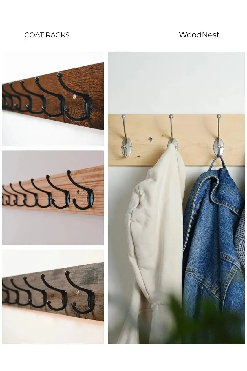 Collage of handcrafted solid oak and acacia wall-mounted coat racks with multiple hooks, designed for entryways and mudrooms
