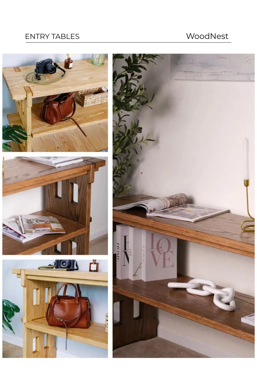 Collage of handcrafted solid oak and ash entryway console tables with minimalist design, natural finishes, and storage for hallways and foyers