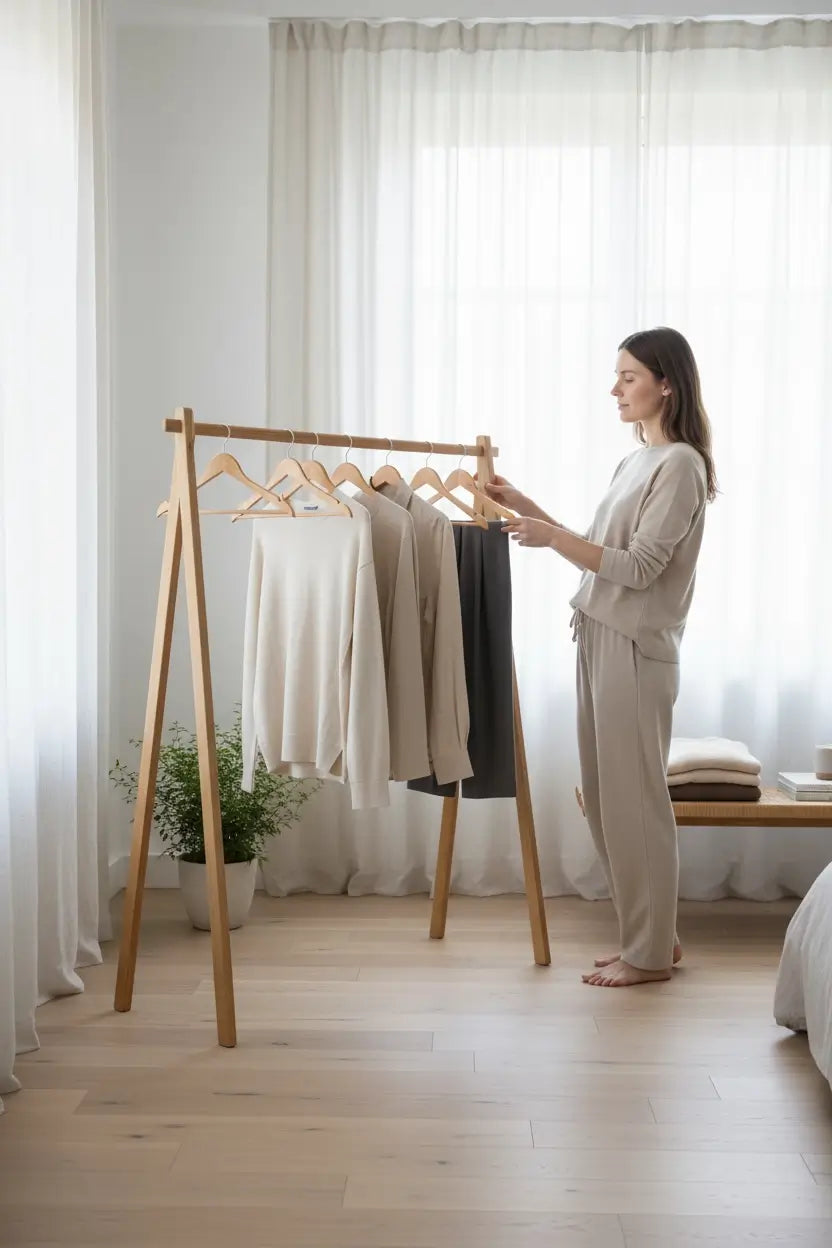 Woman arranging clothes on a wooden rack in a bright room with white curtains.