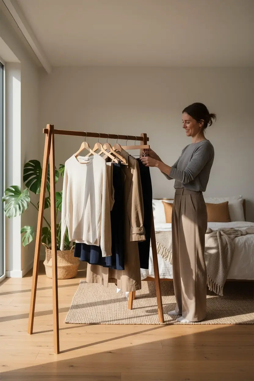 Woman organizing clothes on a wooden rack in a bright room with a bed and plants.