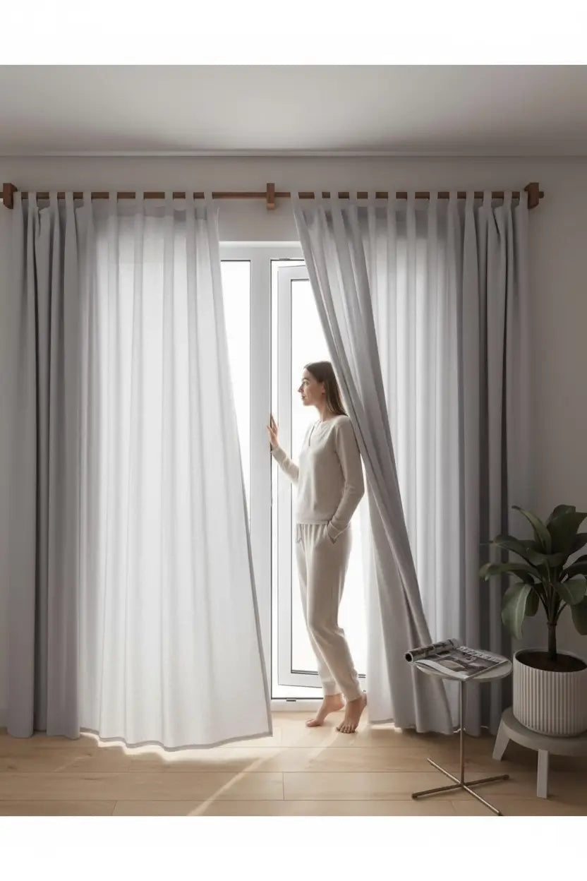 Woman standing in a room with white curtains and a plant.
