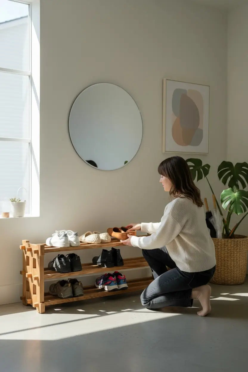 Woman organizing shoes on a wooden shelf in a bright room with a mirror and plant.