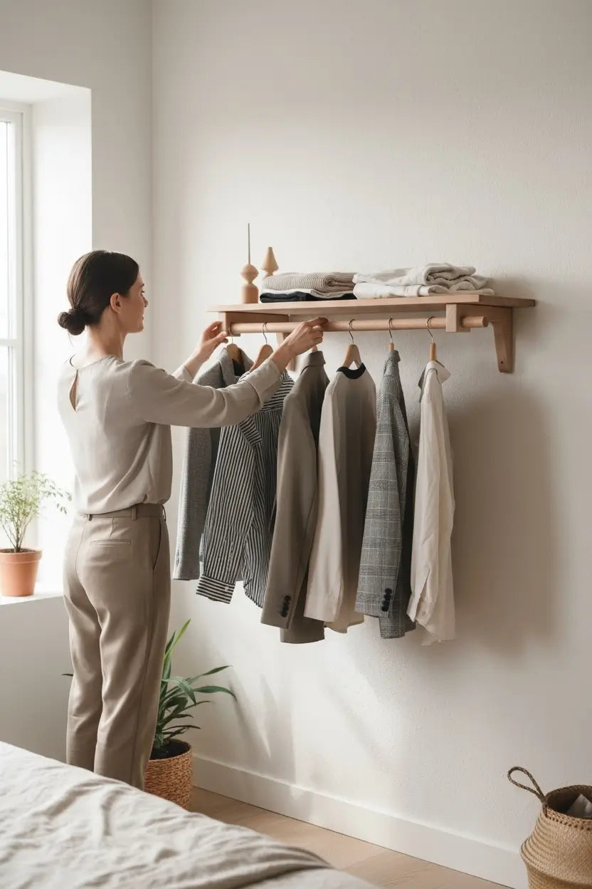 Person organizing clothes on a wall-mounted rack in a bedroom.