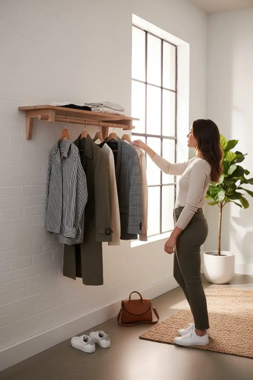 Woman standing by a wall-mounted clothing rack with various garments in a bright room.