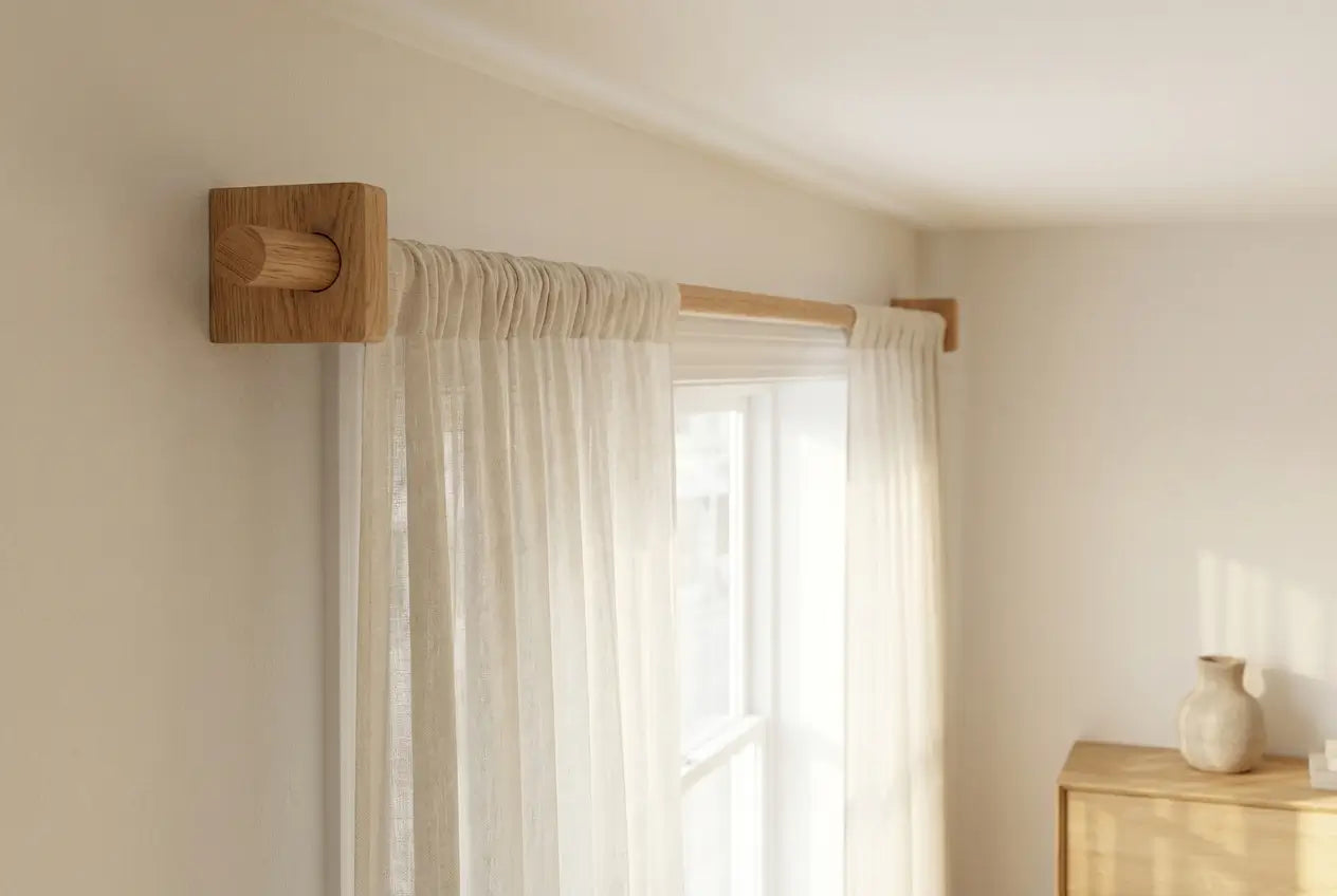 Wooden curtain rod with white curtains in a room with a light-colored wall and wooden sideboard.