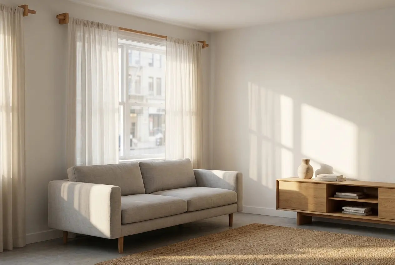 Modern living room with a beige sofa, wooden side table, and large window.