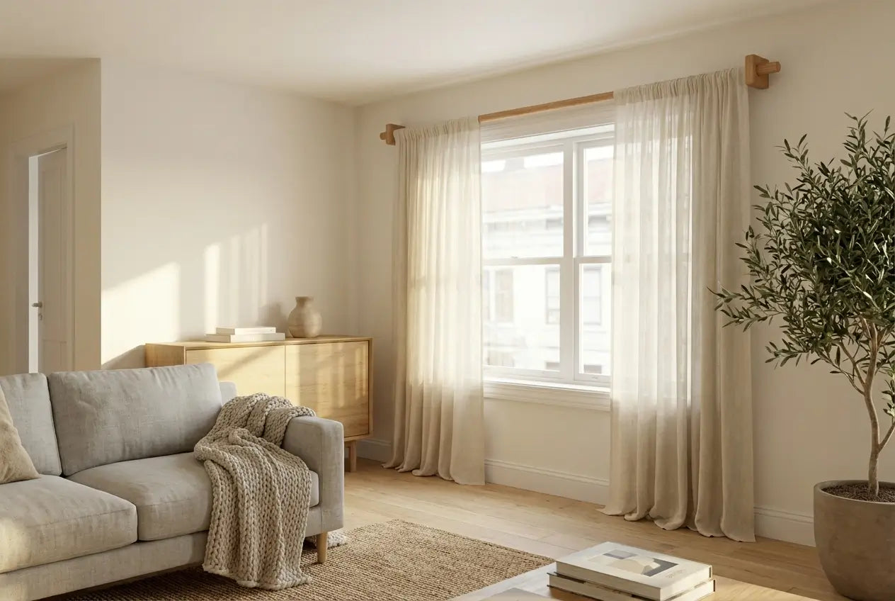 Living room with beige sofa, wooden cabinet, and large window with white curtains.