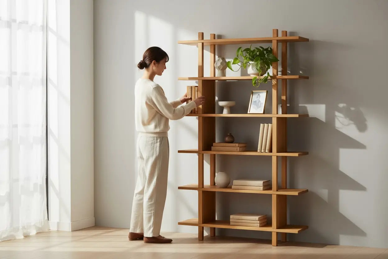 Person arranging items on a wooden bookshelf in a bright room.