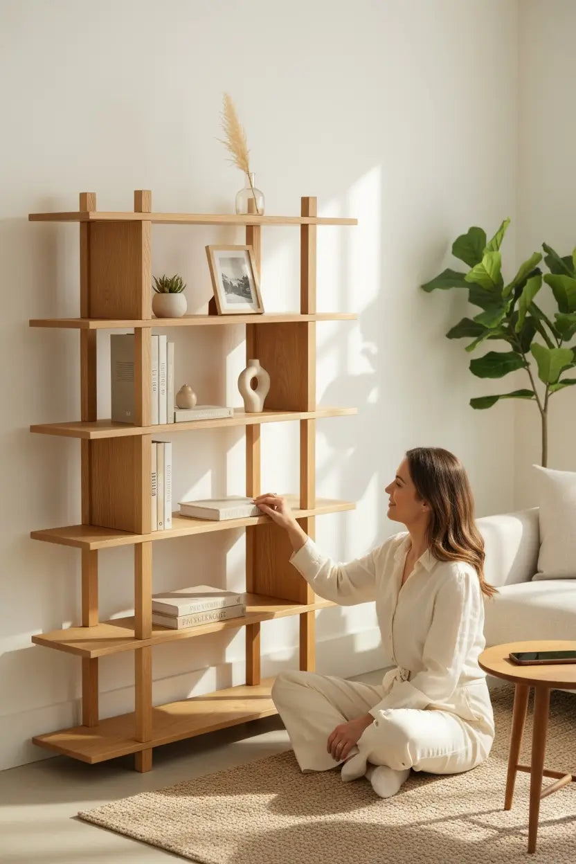 Woman arranging books on a wooden shelf in a bright living room.
