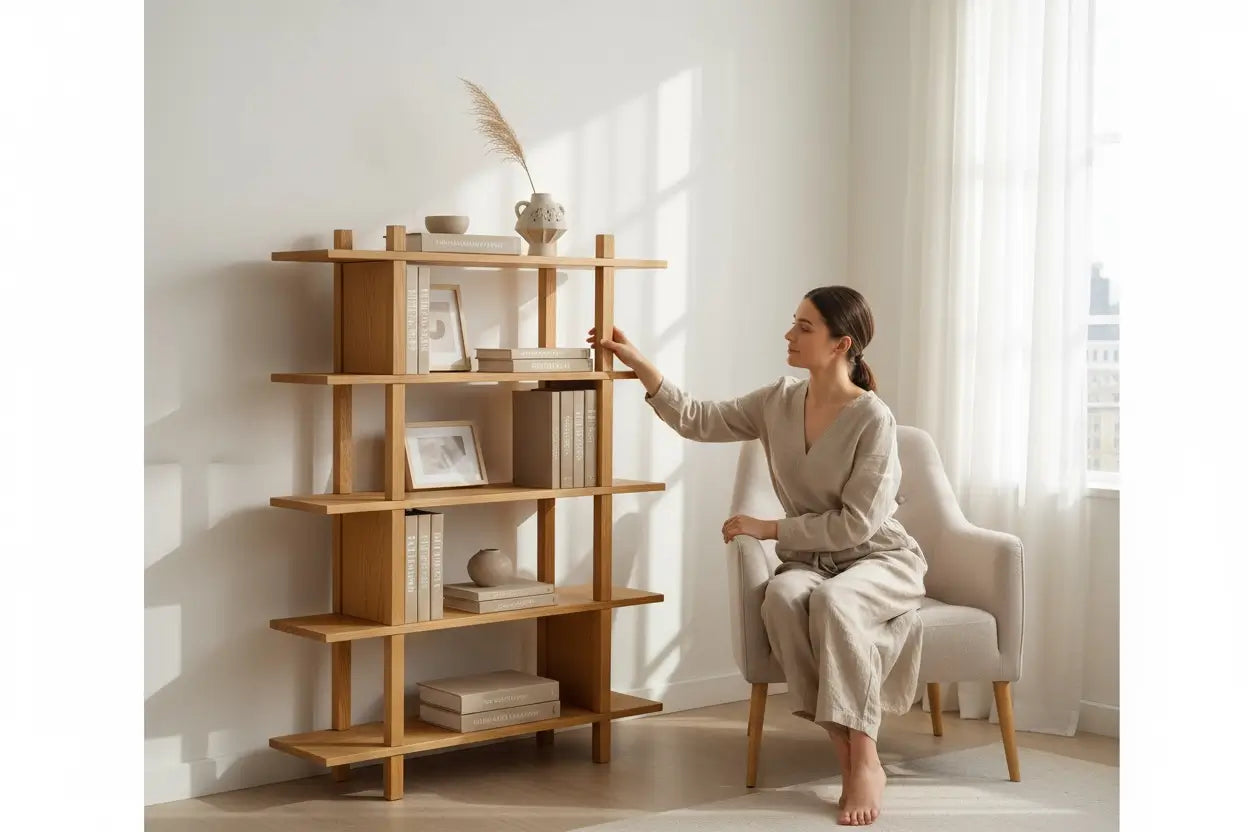 Woman in a beige outfit sitting on a chair next to a wooden bookshelf in a bright room.
