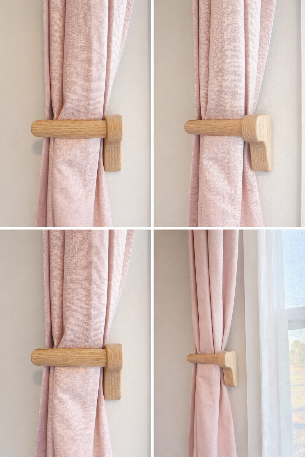 Wooden curtain tiebacks on pink curtains with a window background