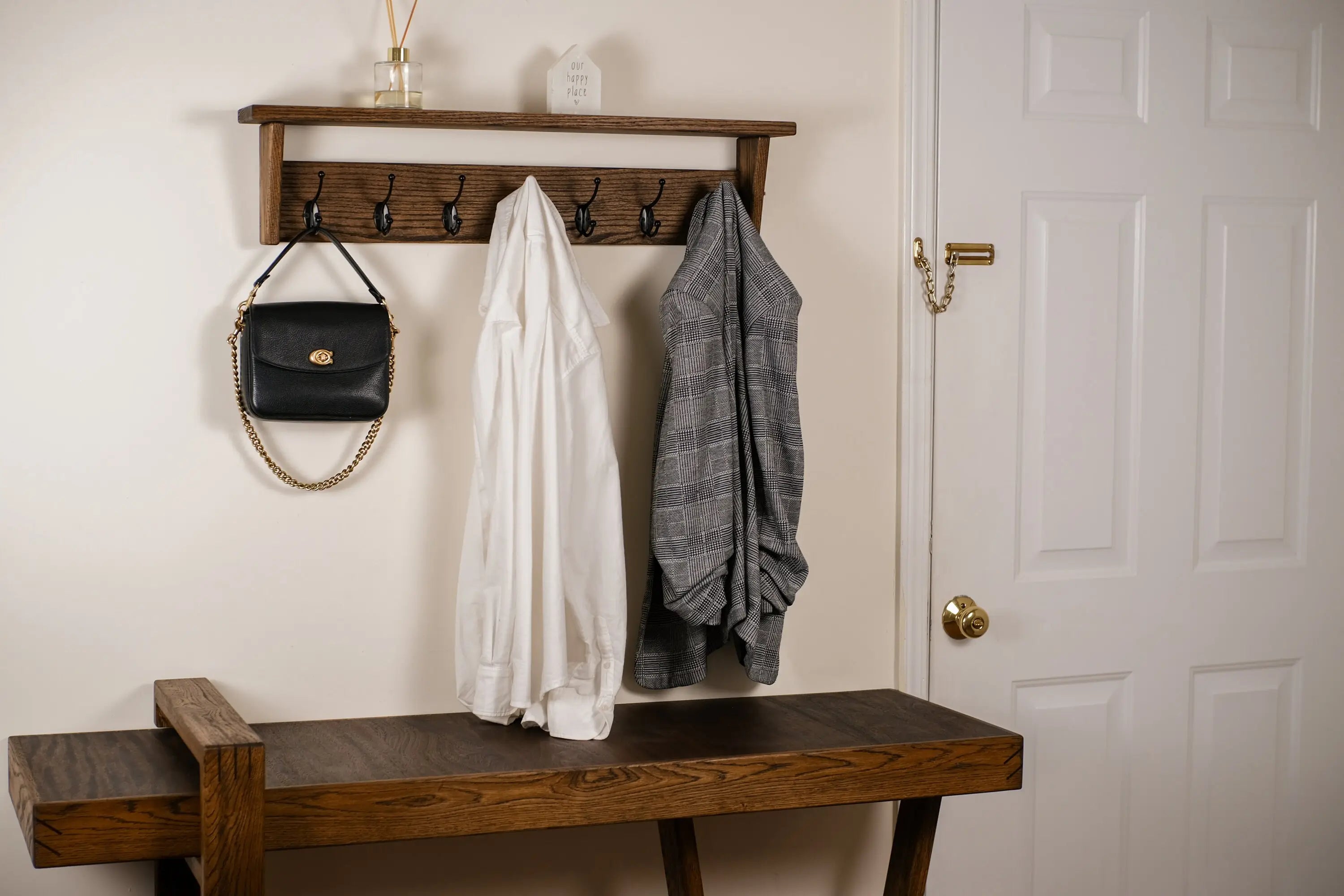 Wall-Mounted Coat Rack with Shelf – Solid Oak, 7 Hooks