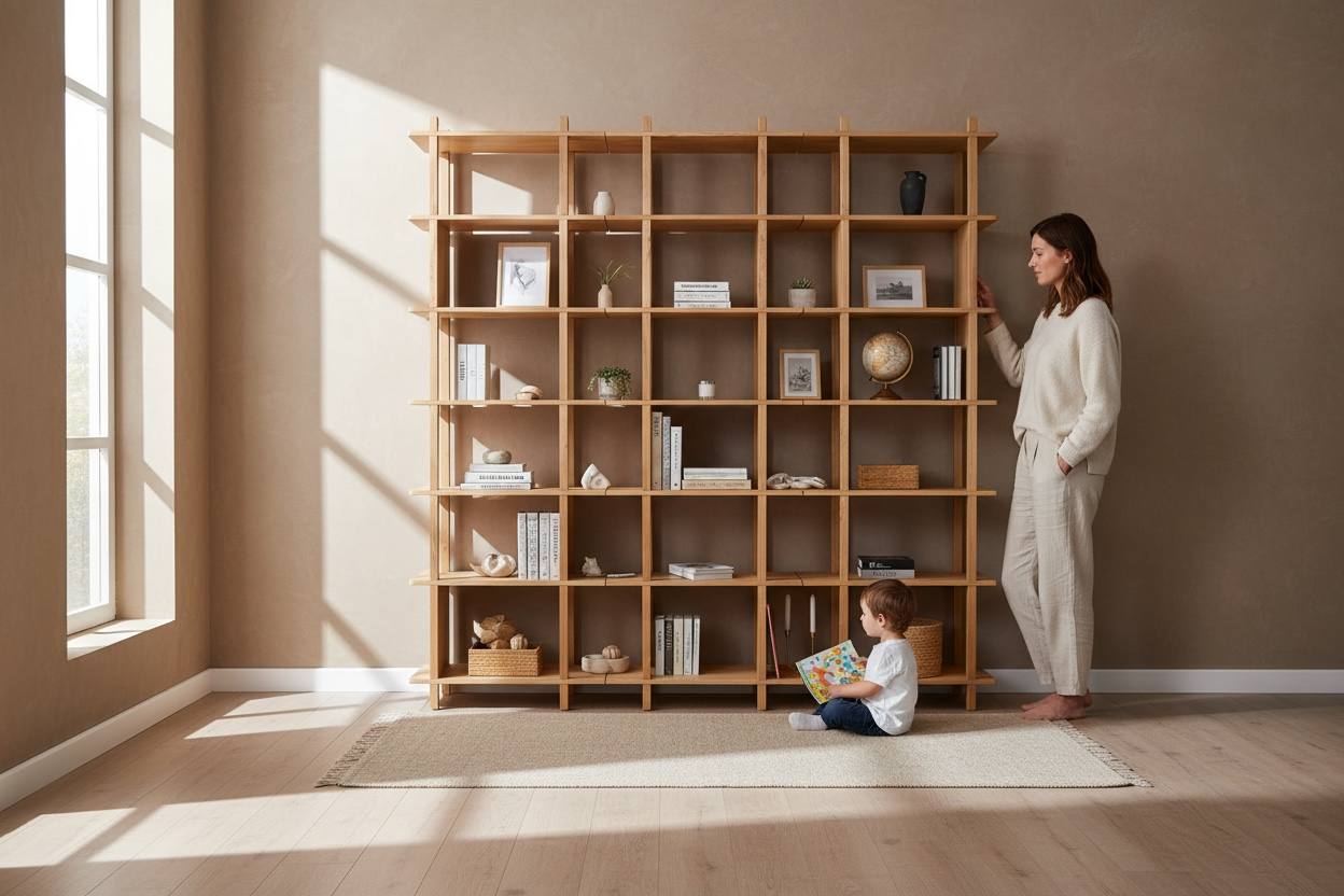 Solid Oak Modular Bookshelf – Modern Wooden Storage Shelf for Living Room