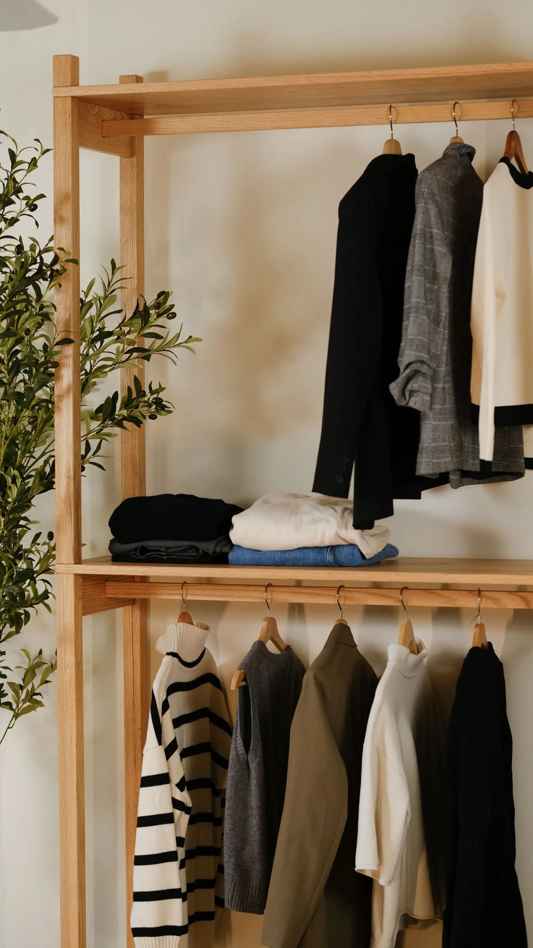 Minimalist two – tier oak wood clothing rack