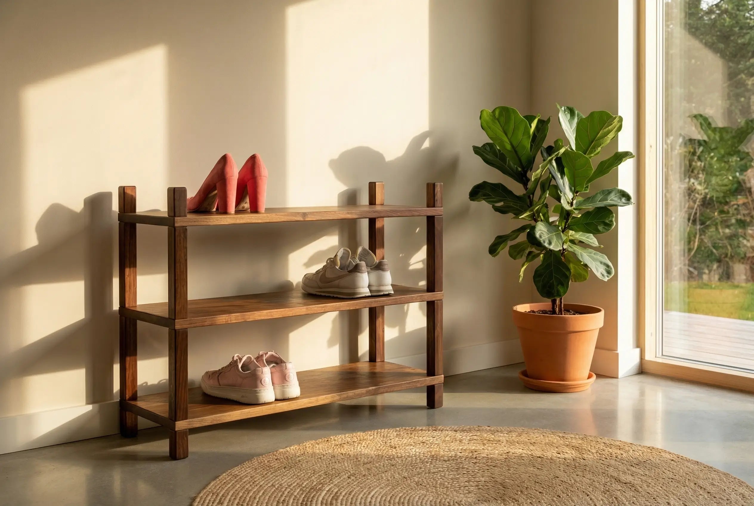 Wooden shoe rack with shoes next to a potted plant in a bright room.