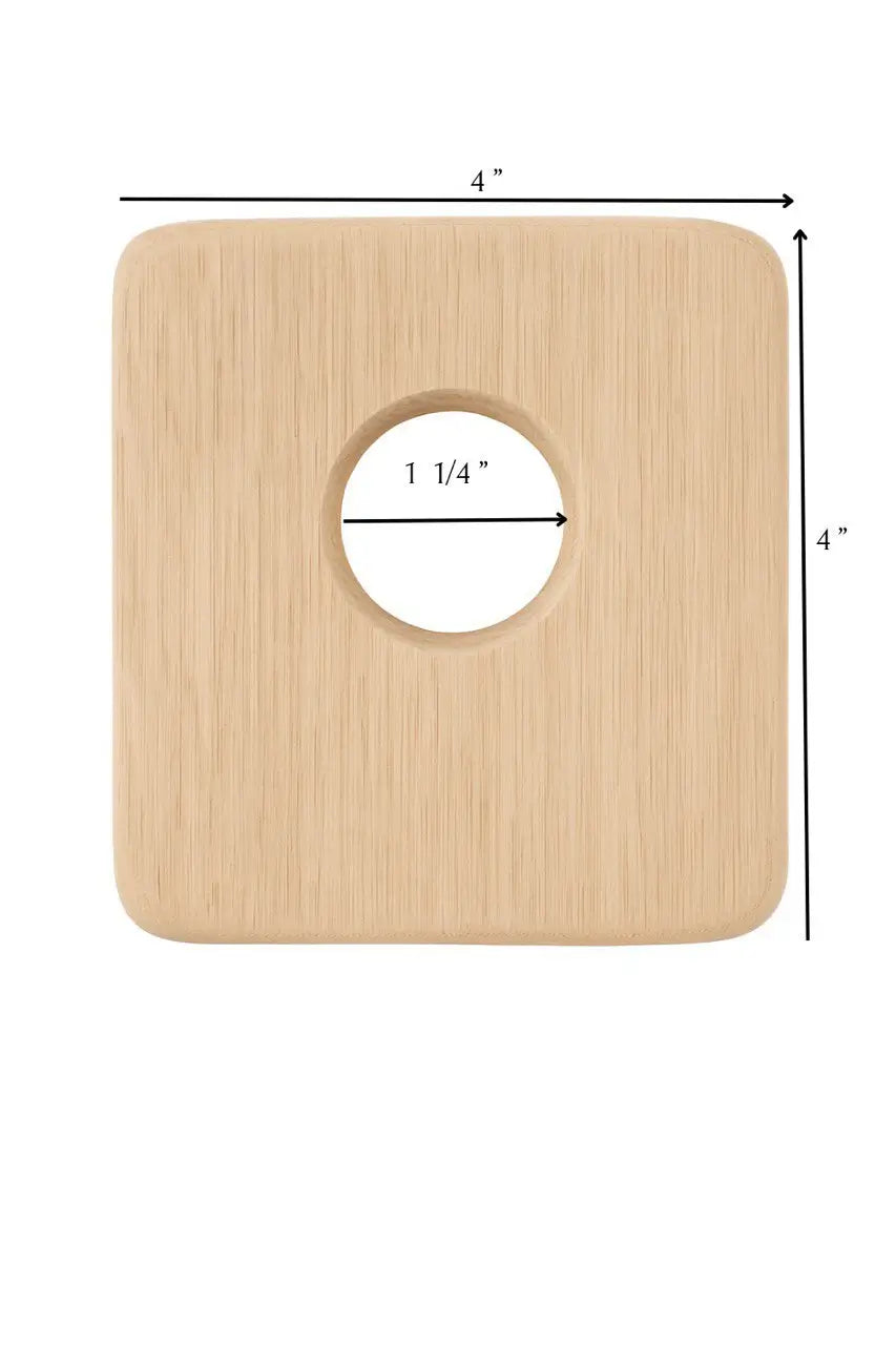 Wooden square with a circular hole and measurements on a white background