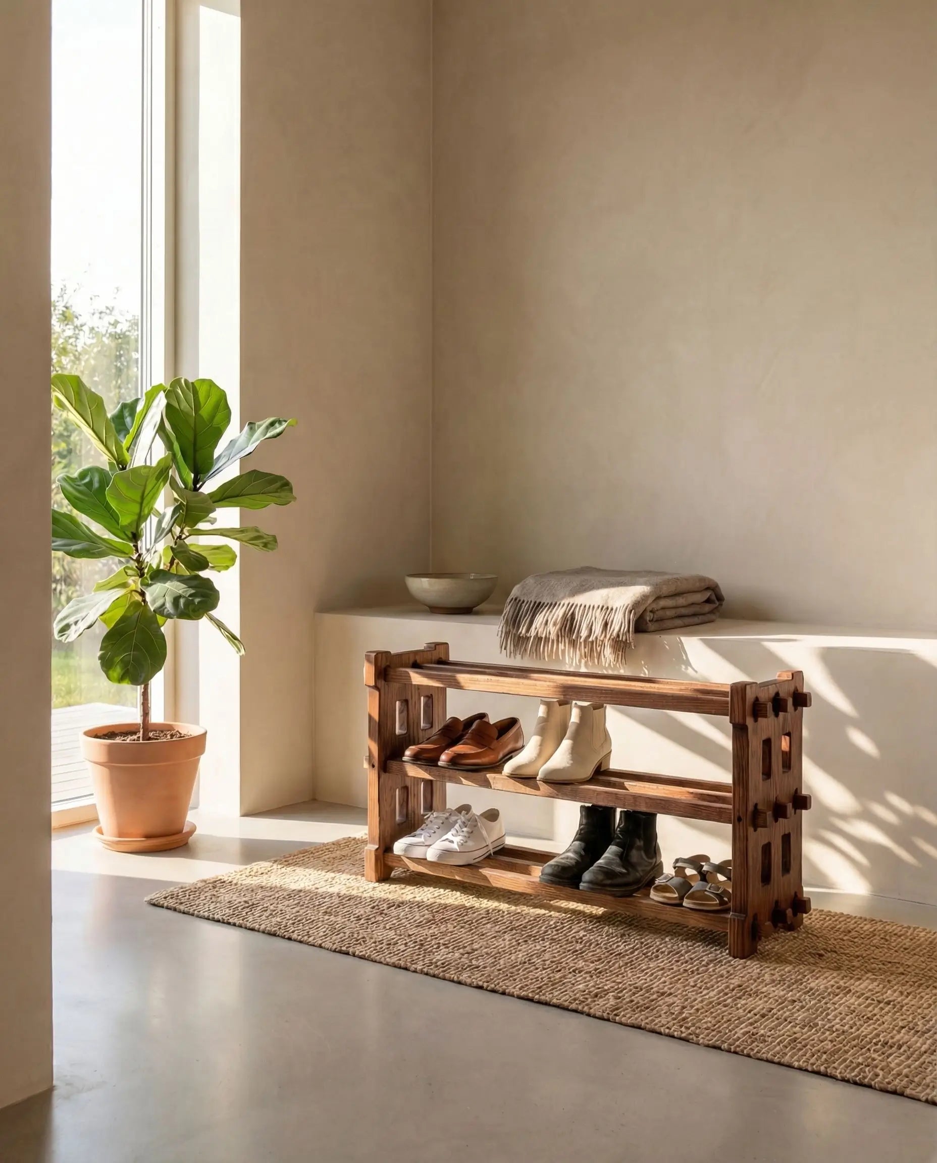 Wooden shoe rack with shoes on a rug in a room with a plant and window.