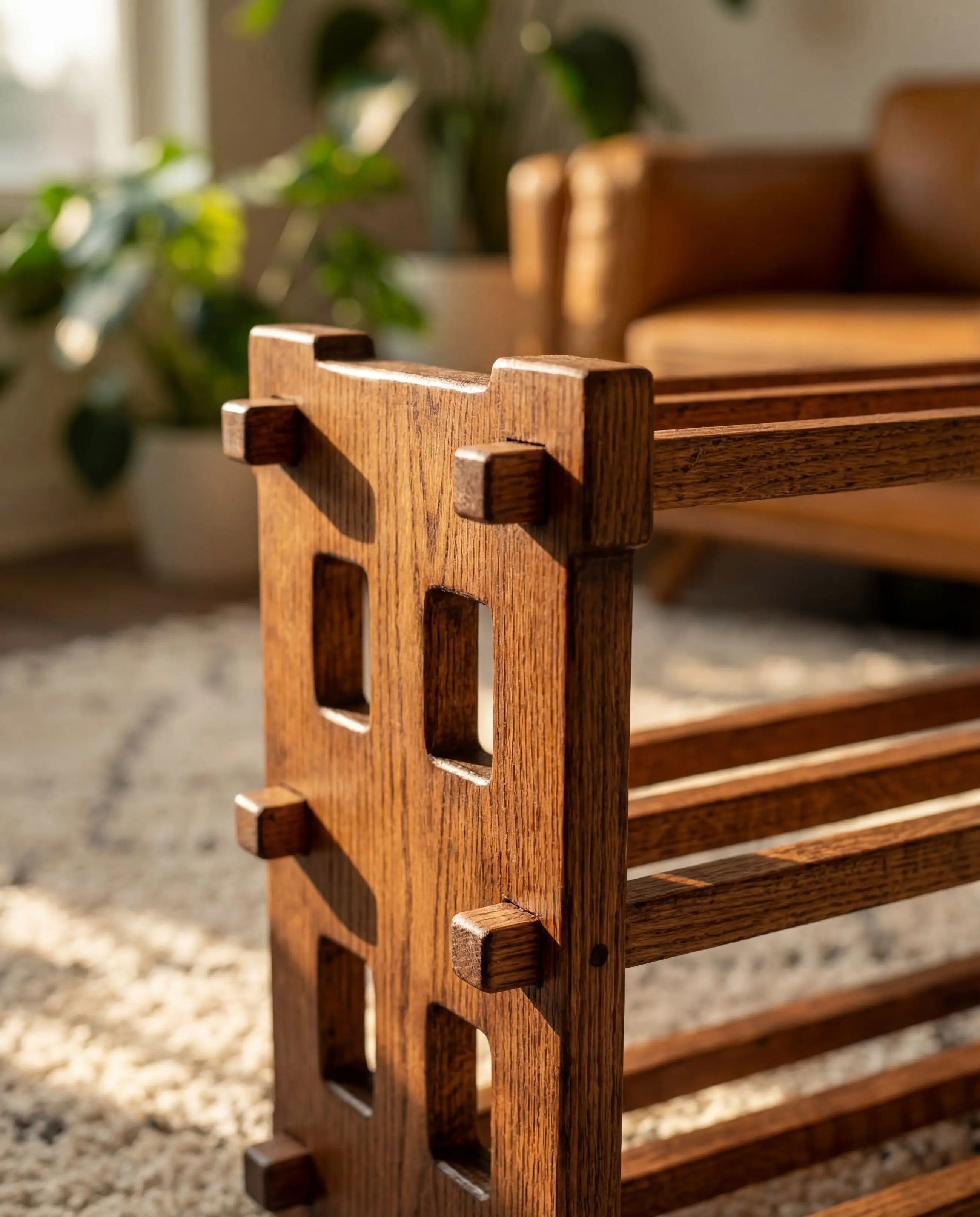 Wooden chair with lattice backrest in a room with a couch and plants