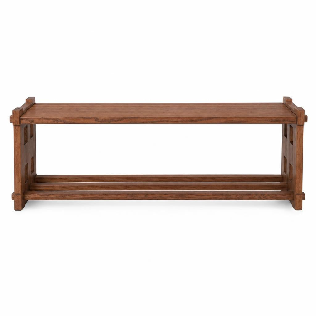 Brown Oak | Solid oak entryway bench in brown oak finish – front view with slatted shoe shelf