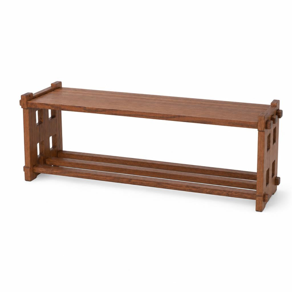 Brown Oak | Brown oak entryway bench – angled view showing exposed joinery