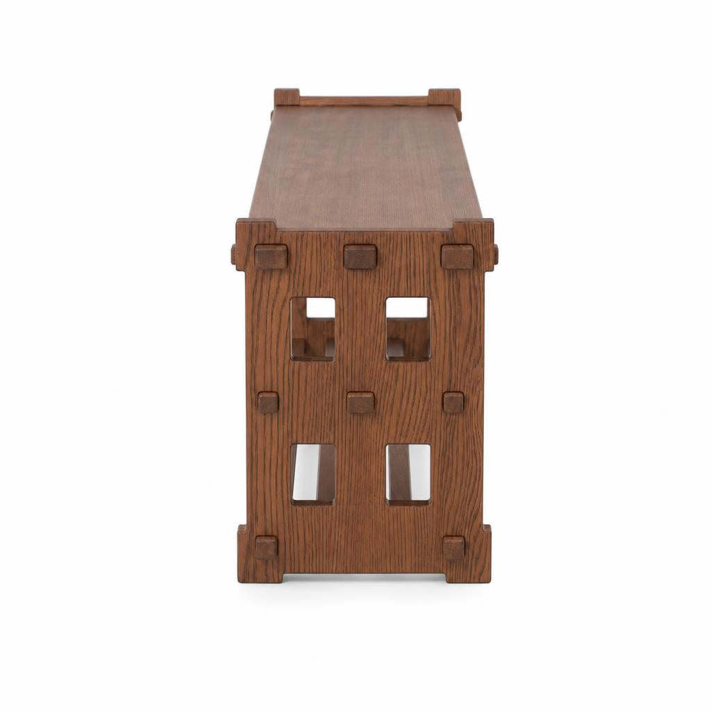 Brown Oak | Brown oak bench – end view with cut-out side panel detail