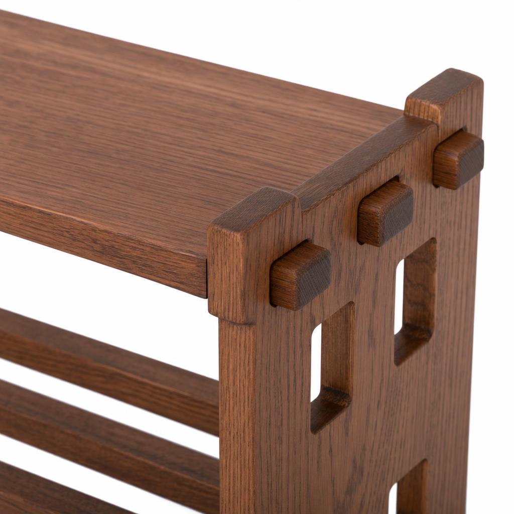 Brown Oak | Brown oak bench – close-up of hand-cut through-tenon joinery