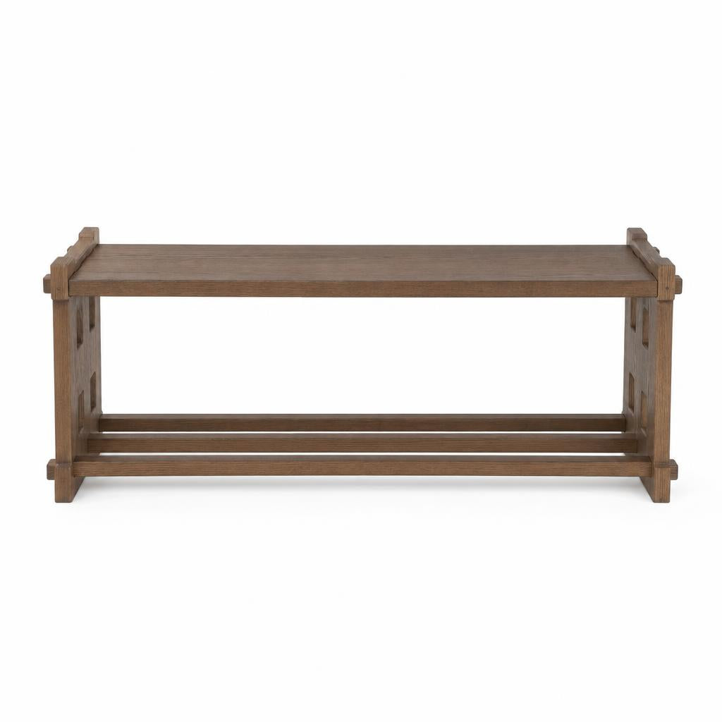 Dark Brown Oak | Solid oak entryway bench in dark brown oak finish – front view with slatted shoe shelf