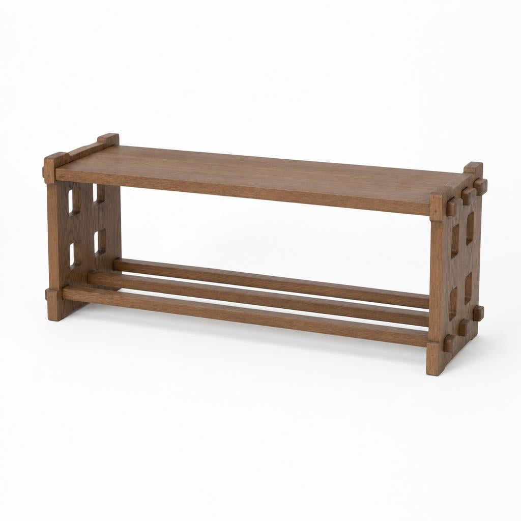Dark Brown Oak | Dark brown oak entryway bench – angled view showing exposed joinery
