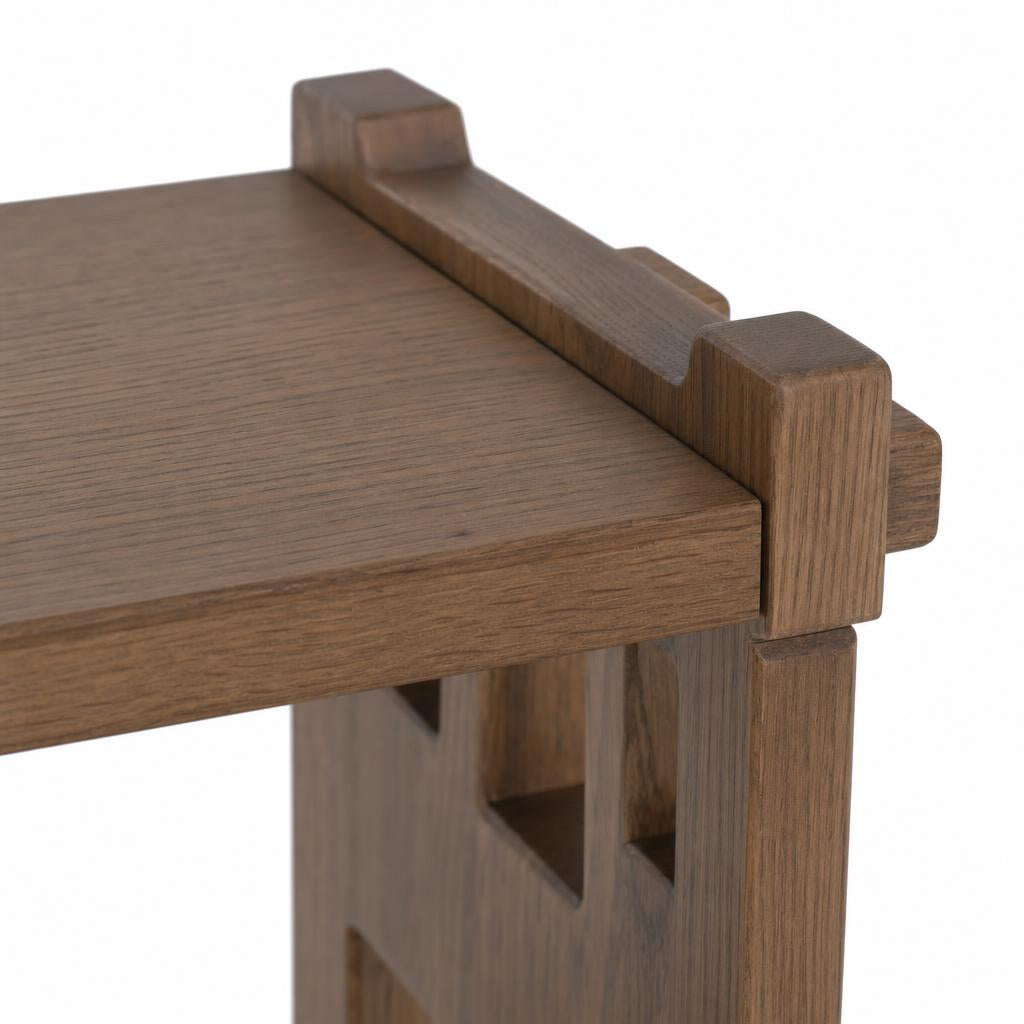Dark Brown Oak | Dark brown oak bench – close-up of hand-cut through-tenon joinery