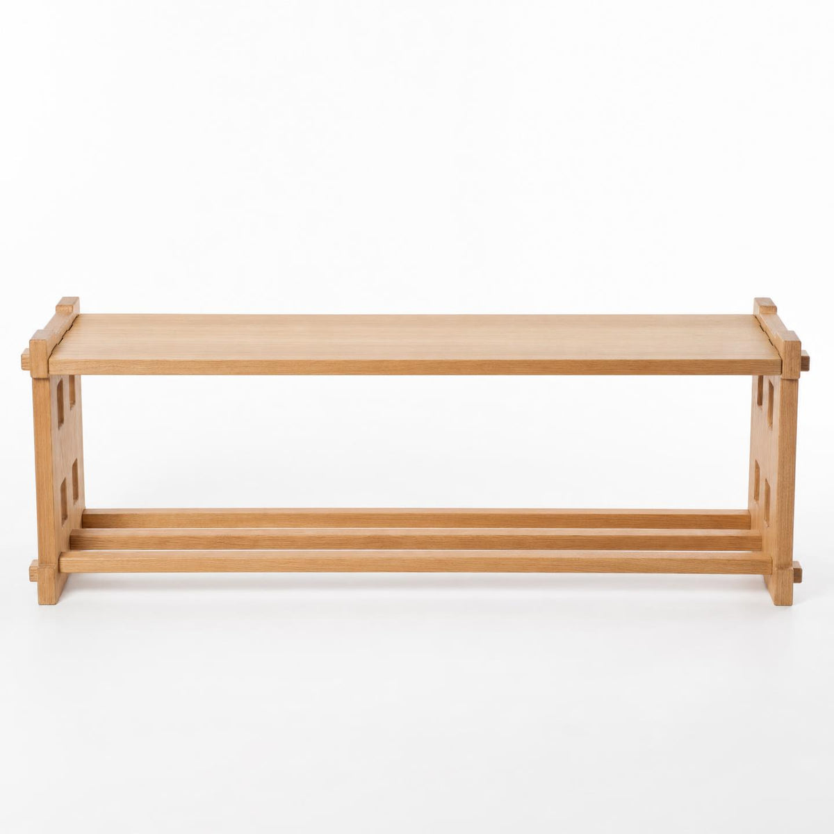 Natural Oak | Solid oak entryway bench in natural oak finish – front view with slatted shoe shelf