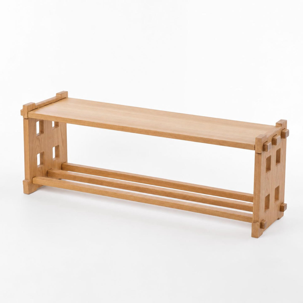 Natural Oak | Natural oak entryway bench – angled view showing exposed joinery