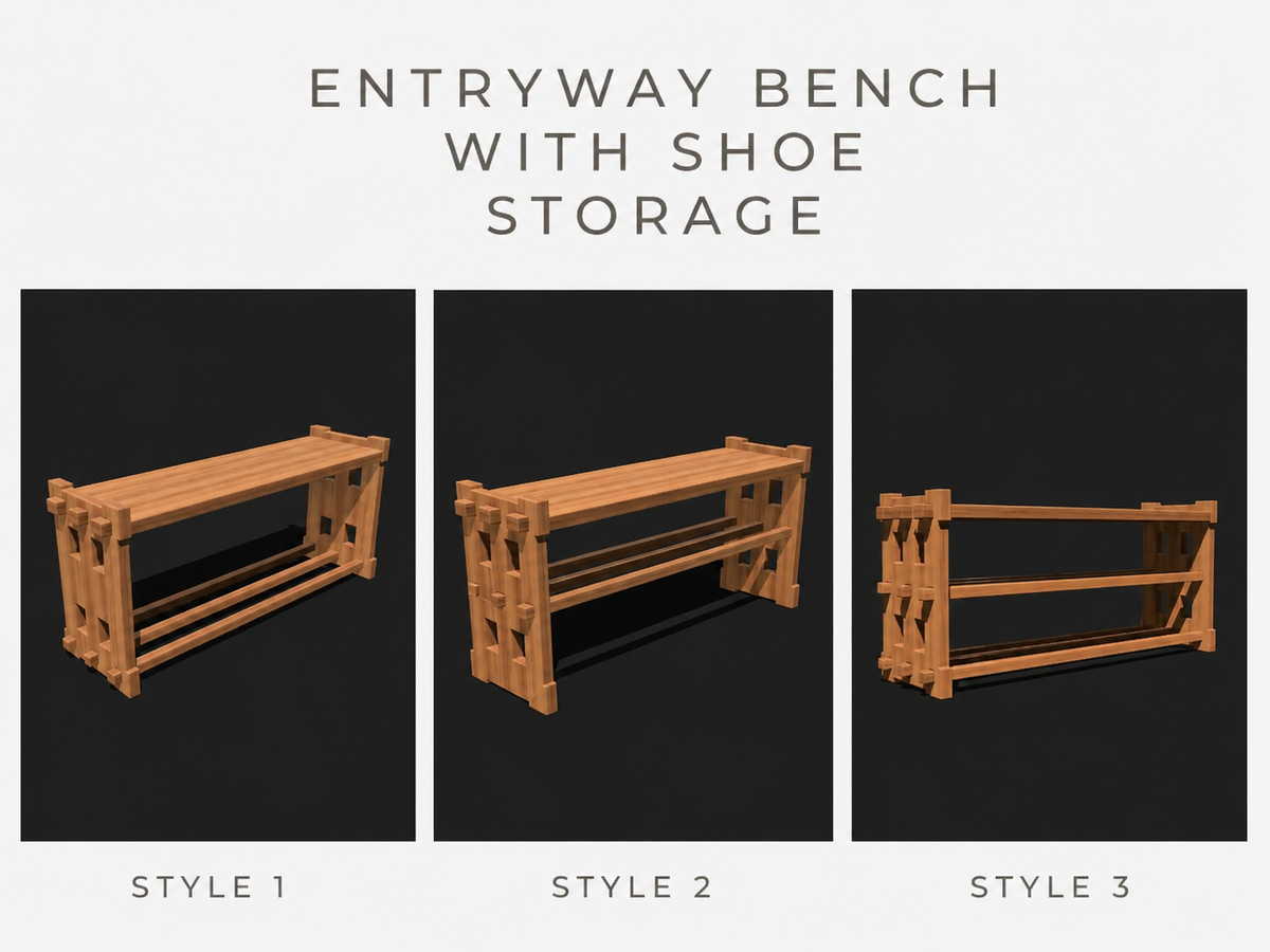 Entryway bench style comparison: Style 1 and Style 2 with one shoe shelf, Style 3 with two shelves