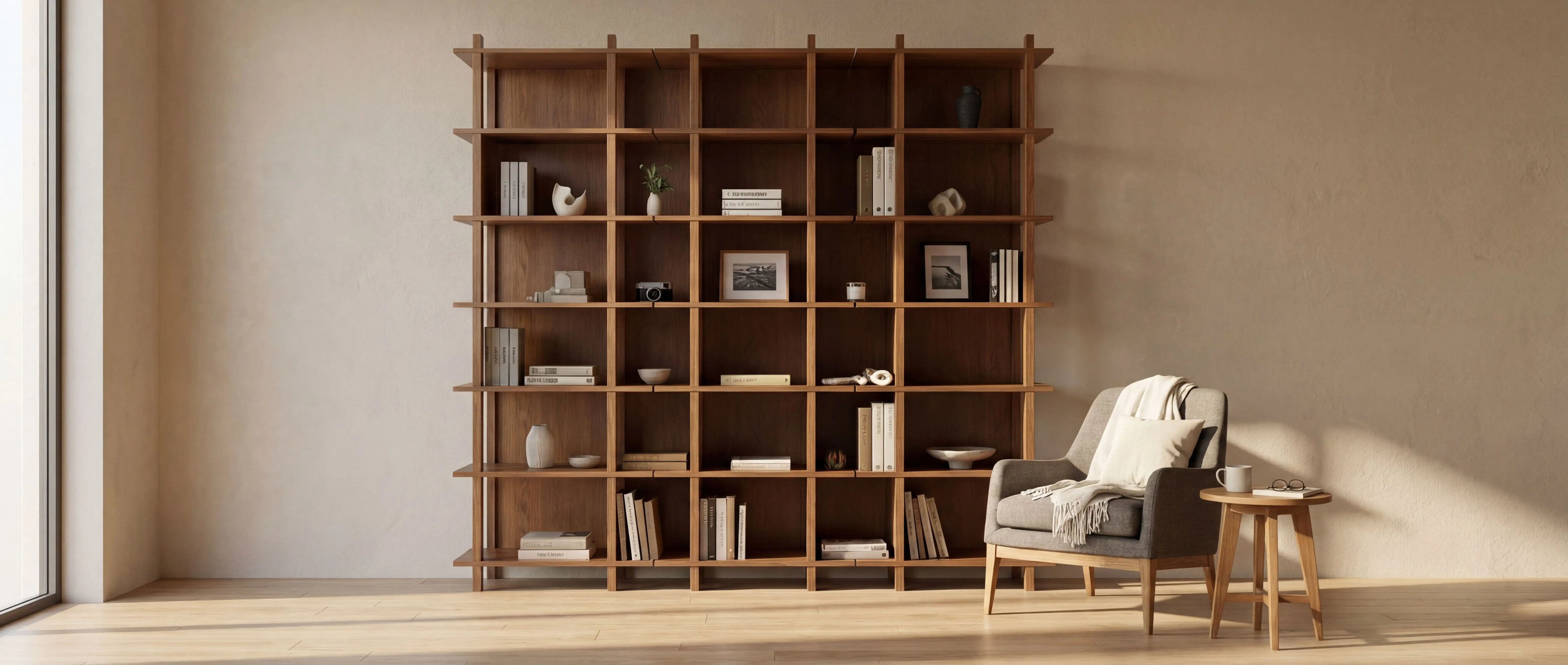 Wooden bookshelf with decorative items in a minimalistic room.