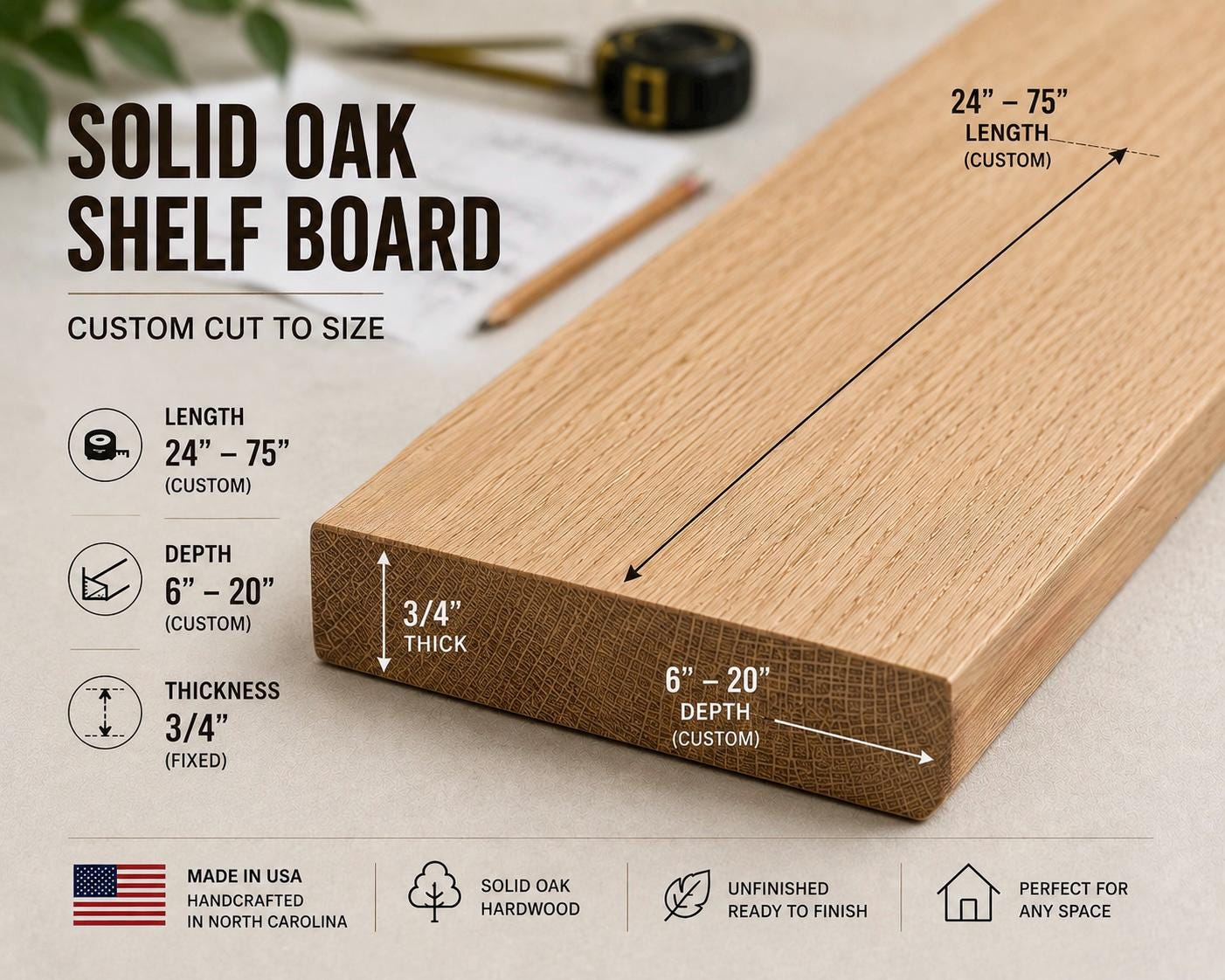 Dimension diagram of the oak shelf board showing custom length, custom depth and a fixed 3/4 inch thickness