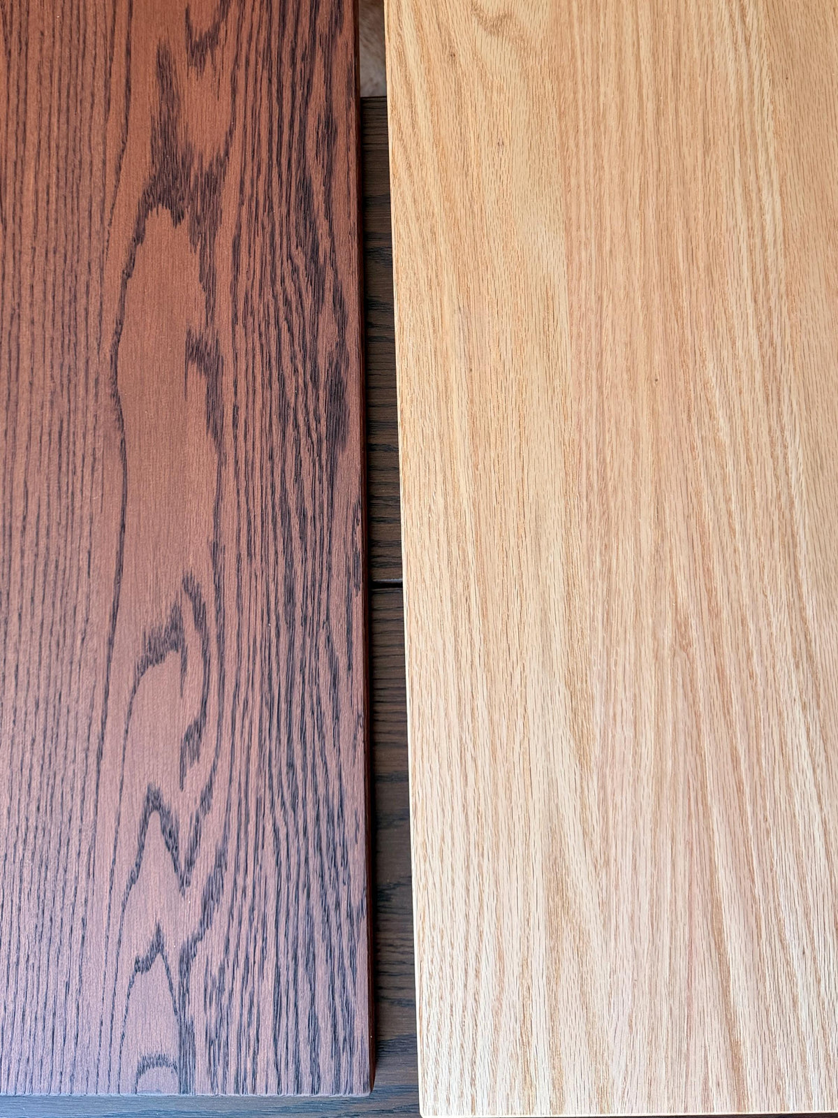 Brown finished oak shelf board next to a natural oak board for colour comparison