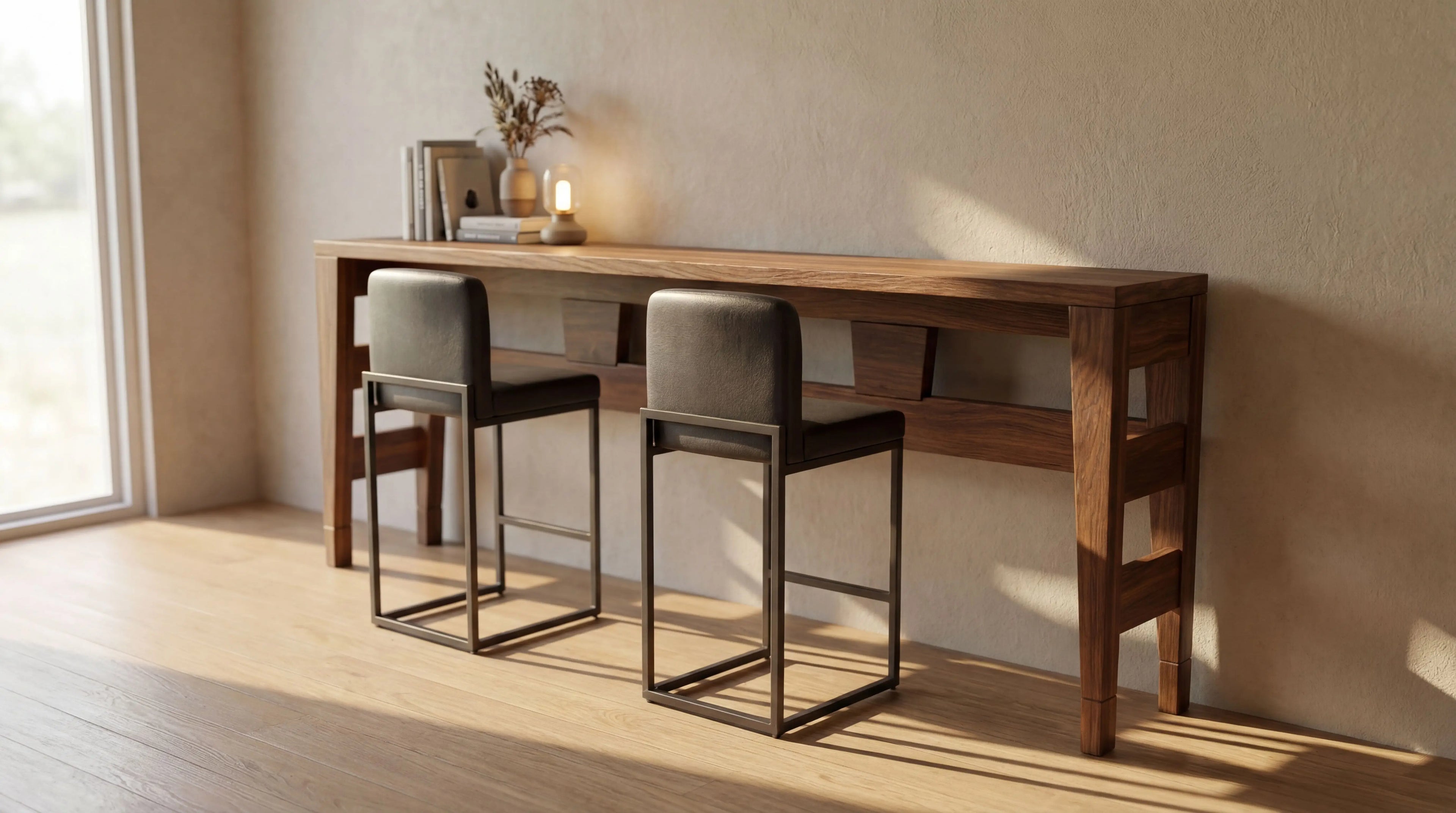 Wooden bar height table with two stools in a room with large windows.