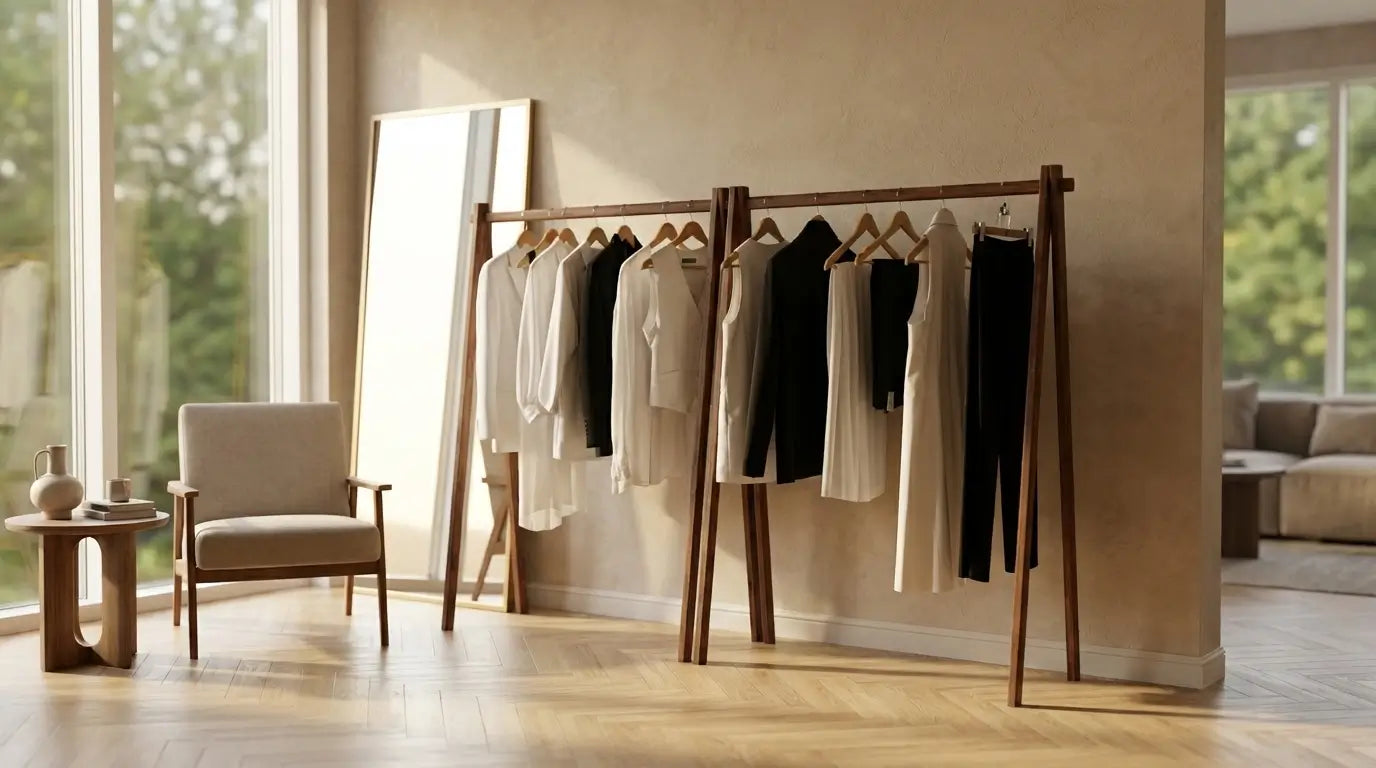 Clothing rack with clothes in a room with large windows and a chair.