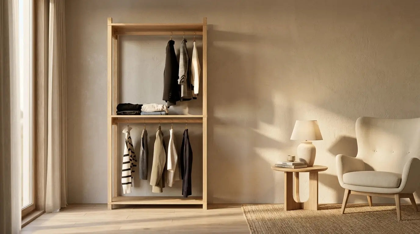 Wooden wardrobe with clothes in a room with a chair and lamp.