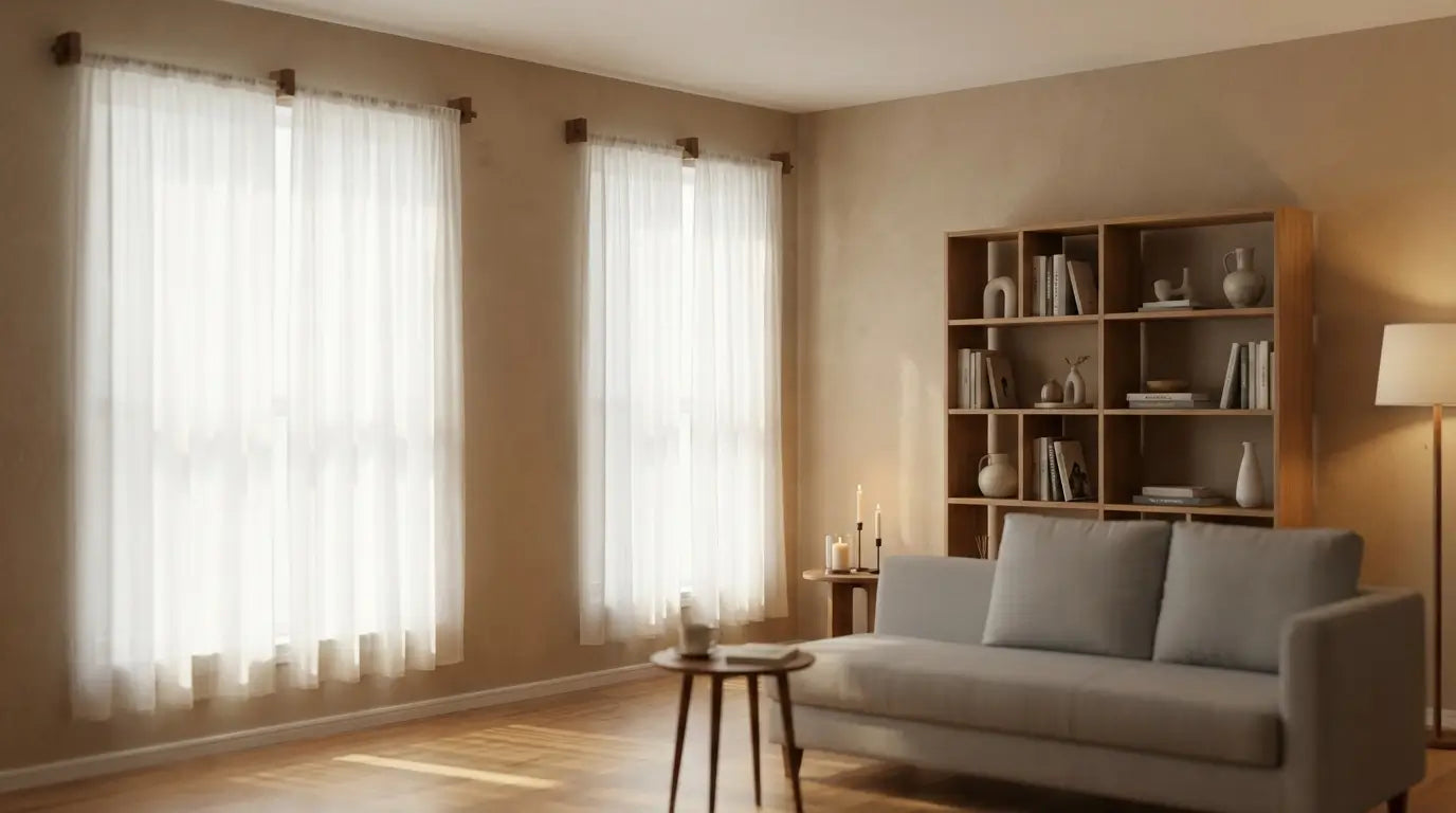 Modern living room with a gray sofa, wooden bookshelf, and large windows with white curtains.