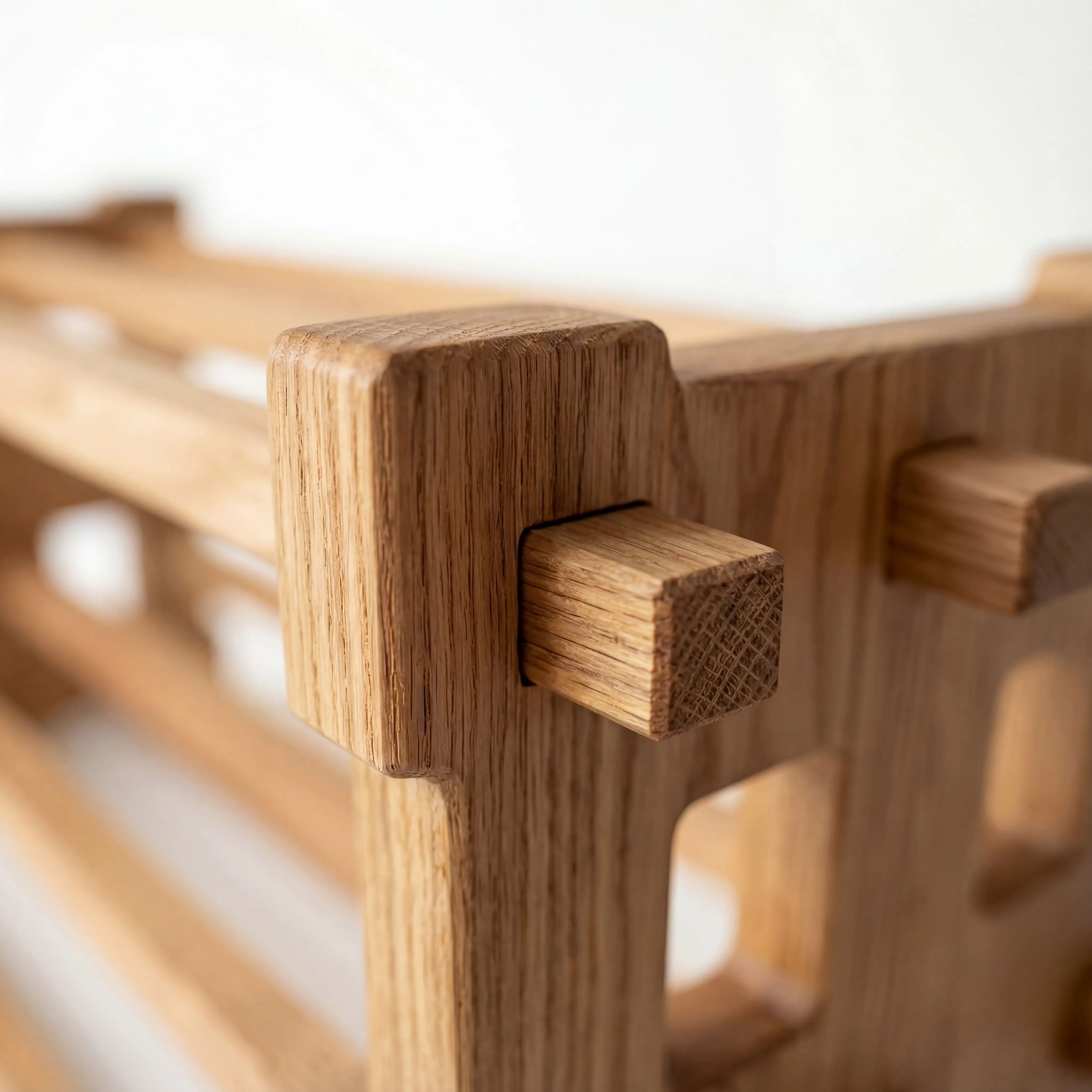 Close-up of a wooden shelf with a blurred background