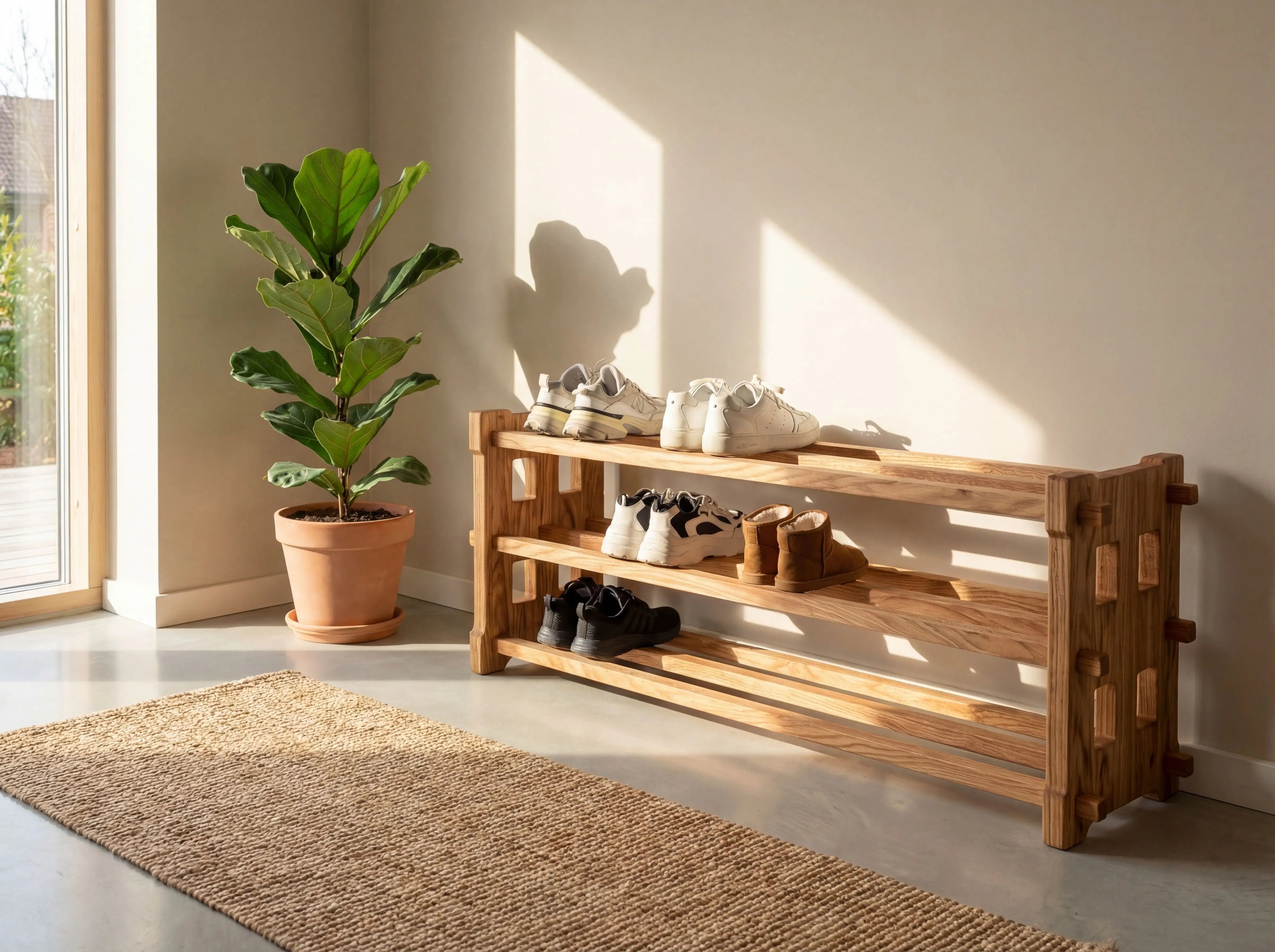 Wooden shoe bench with shoes and a plant in a sunlit room