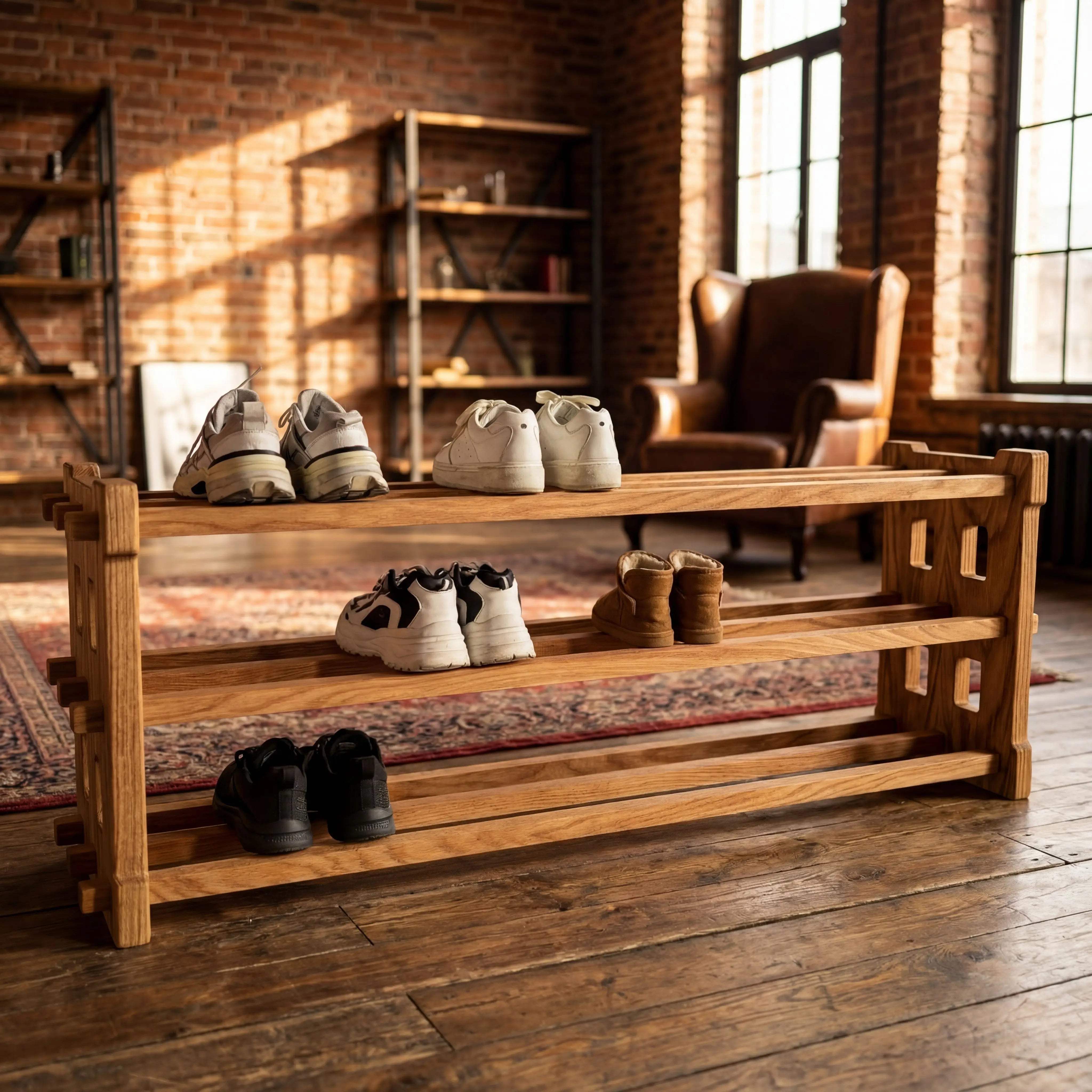 Wooden shoe rack with shoes on a wooden floor in a room with brick walls and large windows.