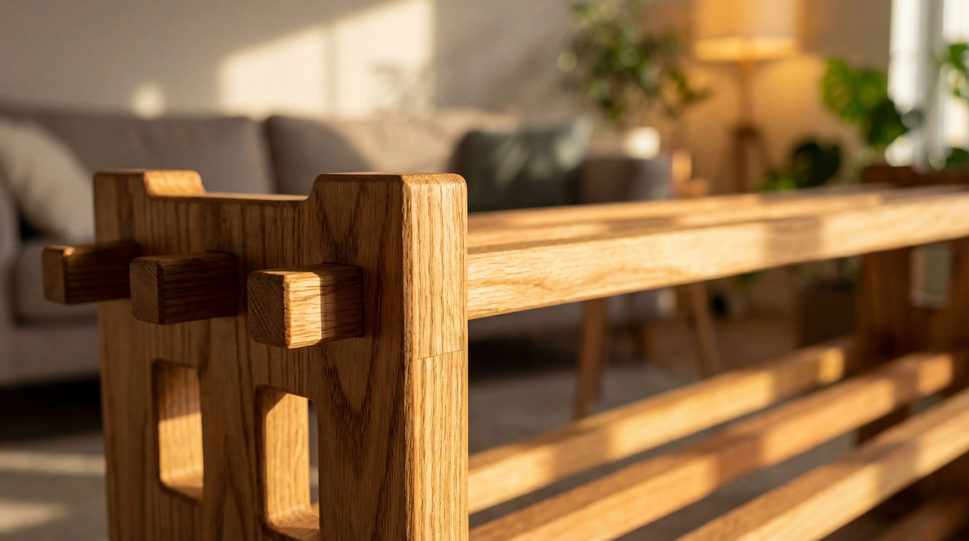 Wooden bench in a living room setting with blurred background