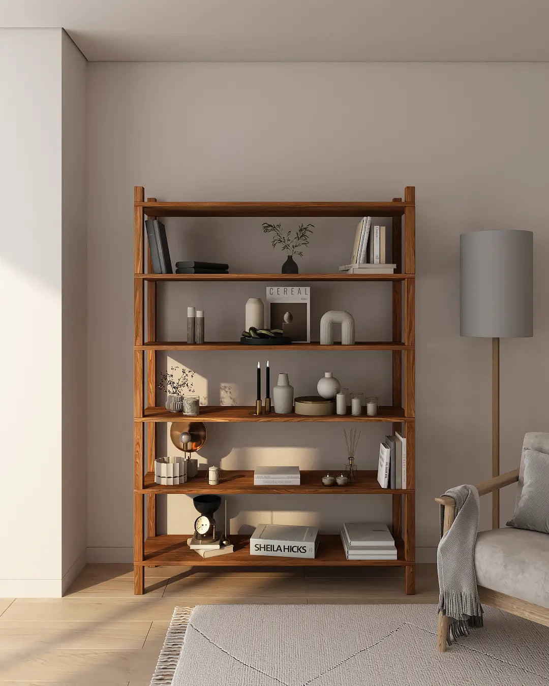 Wooden shelving unit styled in cozy modern interior

