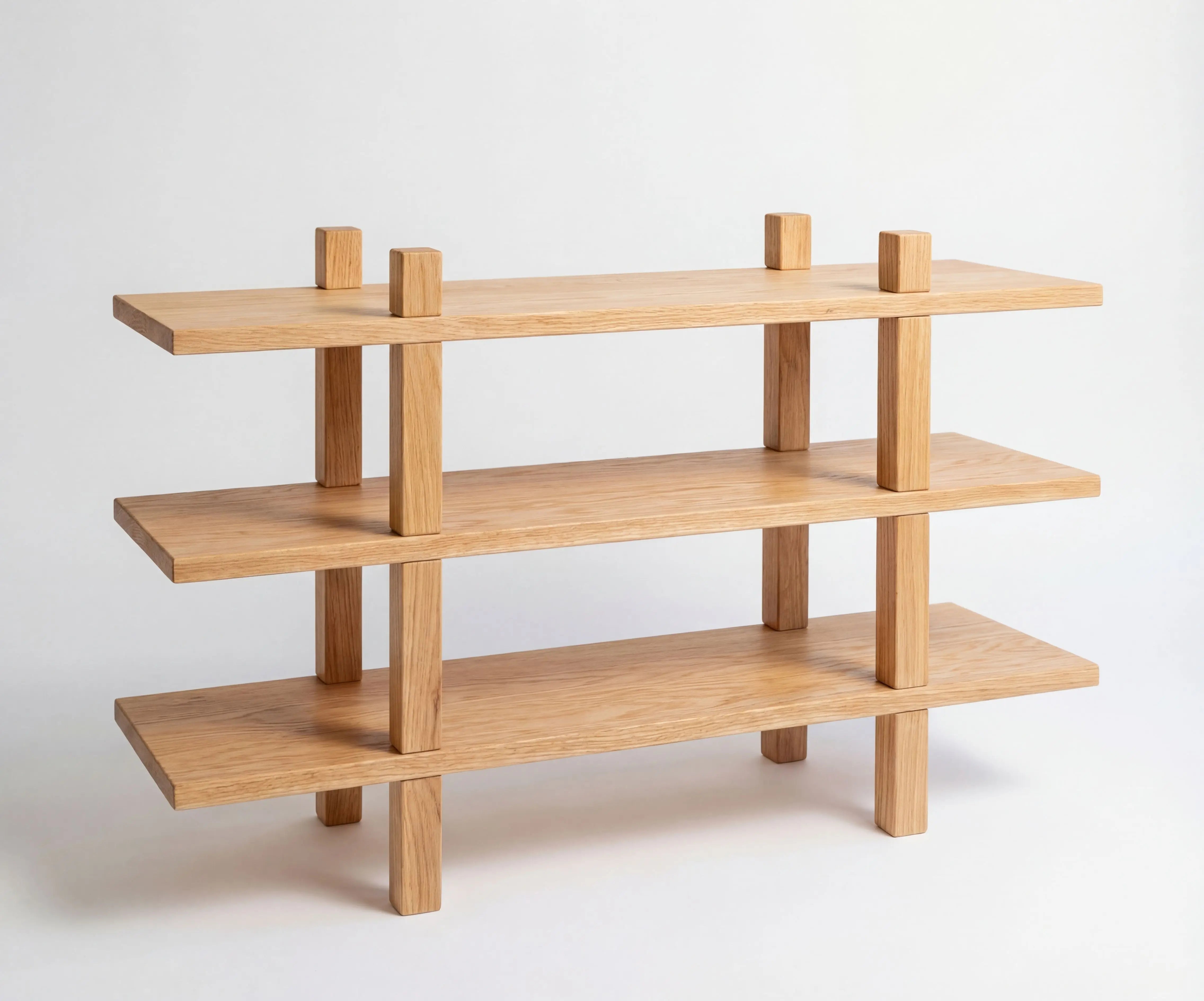 Wooden shelf with four shelves on a white background