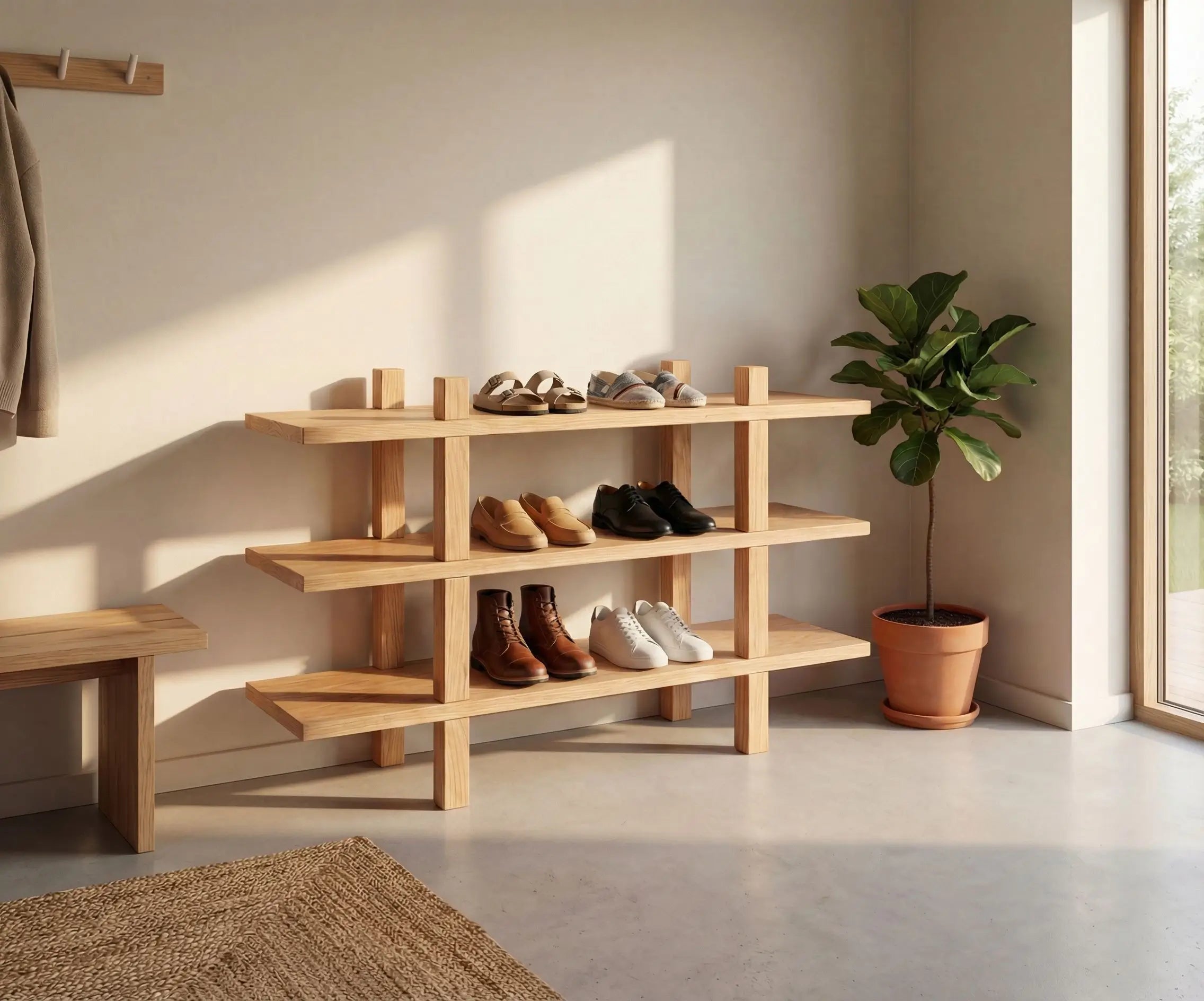 Wooden shoe rack with shoes in a room with a plant and bench.