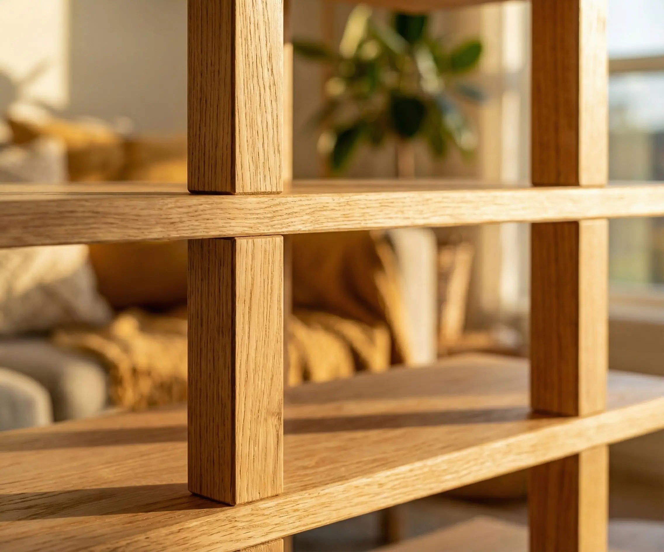 Wooden shelf with a blurred indoor setting