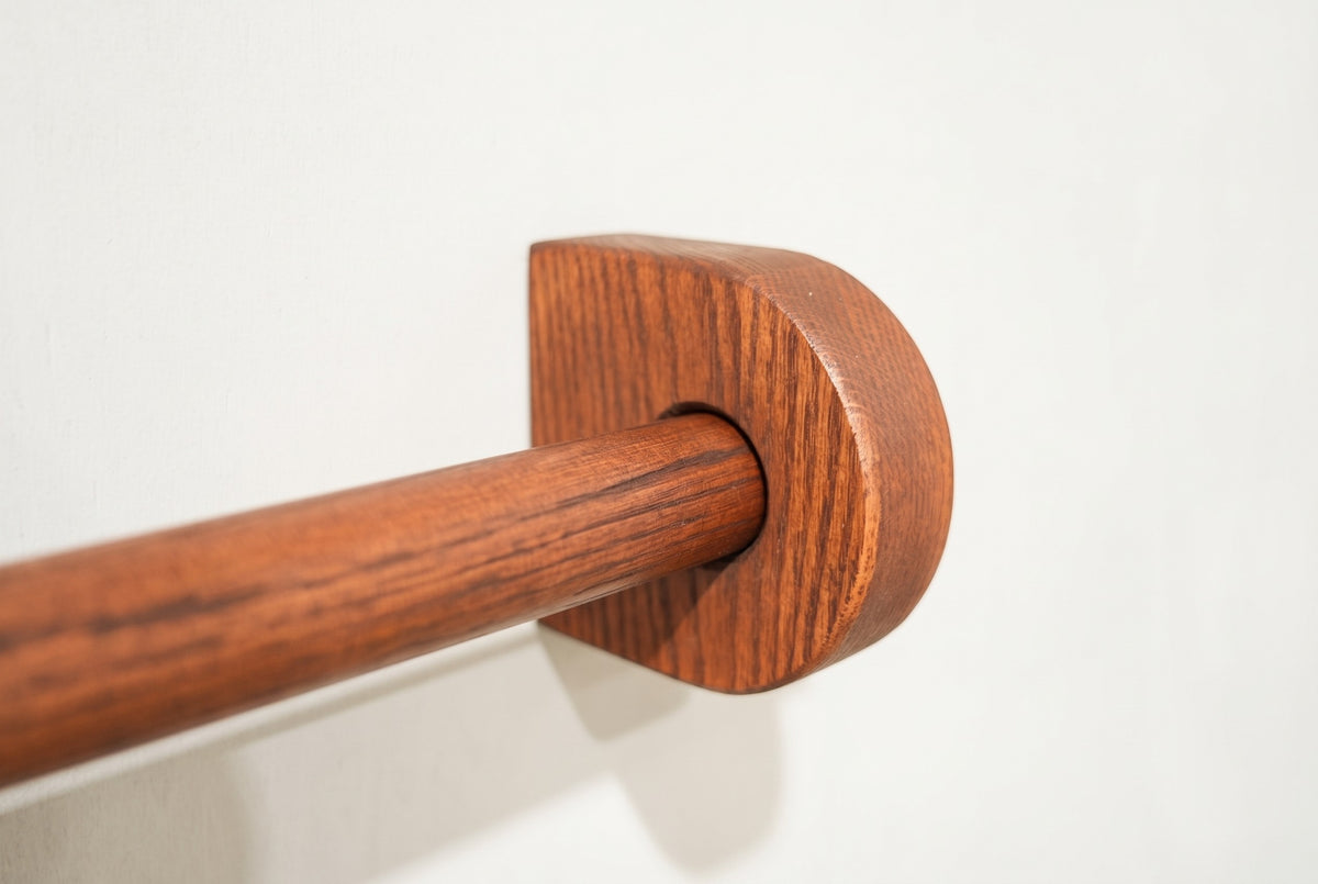 Brown | Brown oak curtain rod through a round solid oak bracket