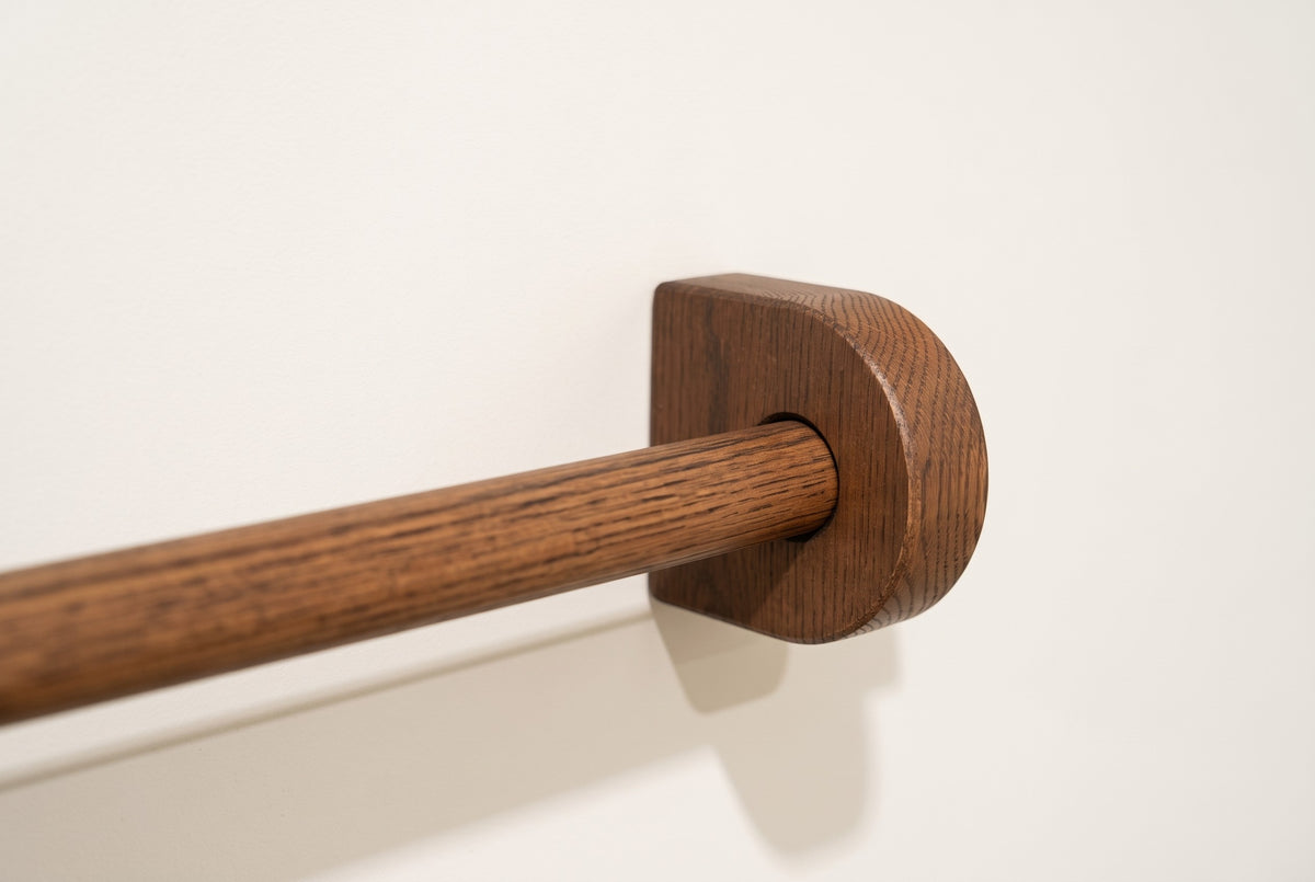 Dark brown | Dark brown oak curtain rod through a round solid oak bracket